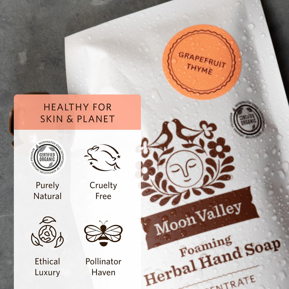 Moon Valley Foaming Hand Soap Refill Pouch, Two-Pack Grapefruit Thyme Soap, Vegan and Non-GMO