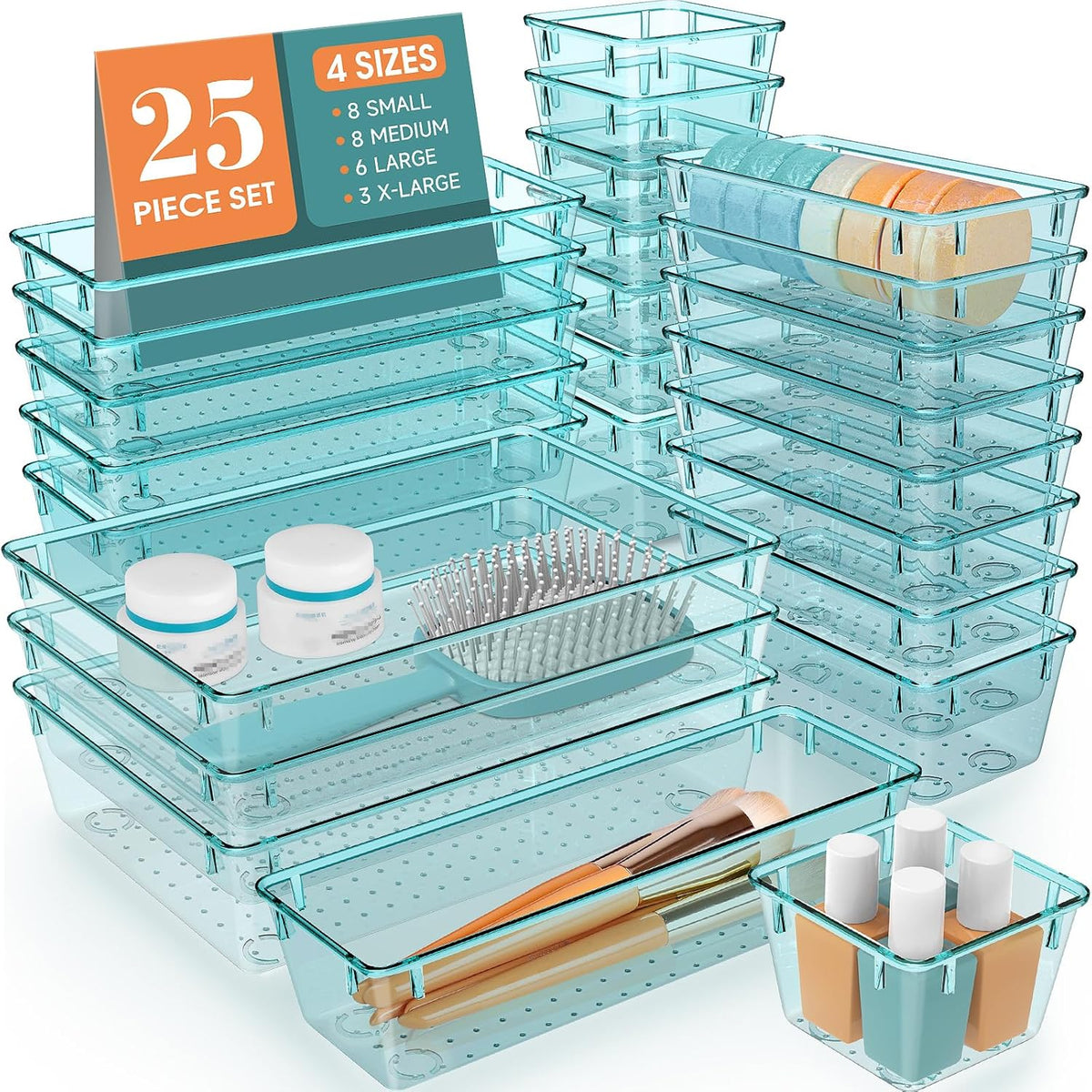 WOWBOX 25 PCS Plastic Drawer Organizer Set, 4 Sizes Desk Drawer Divider Organizers and Storage Bins