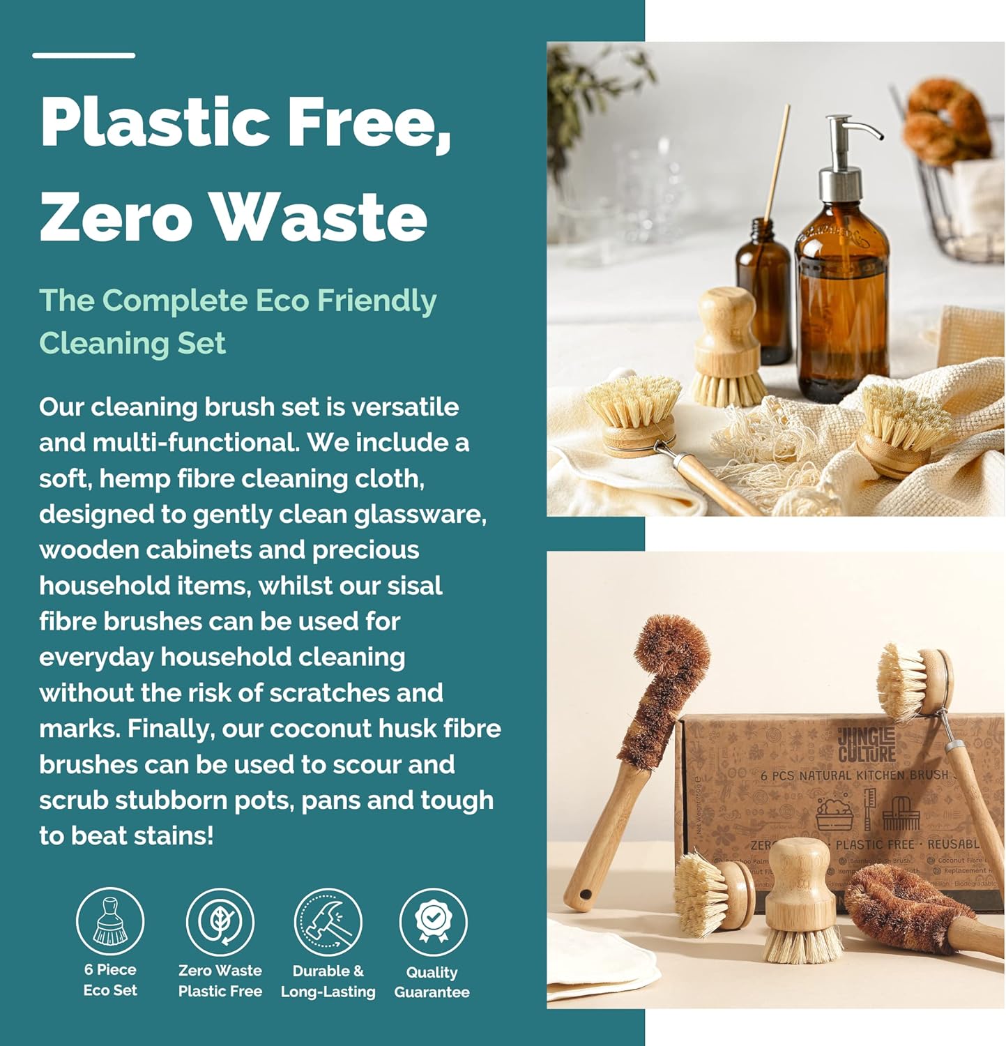 Jungle Culture® 6 Piece Natural Dish Brushes for Washing Up • Eco Dish Brush Kitchen Cleaning Set •