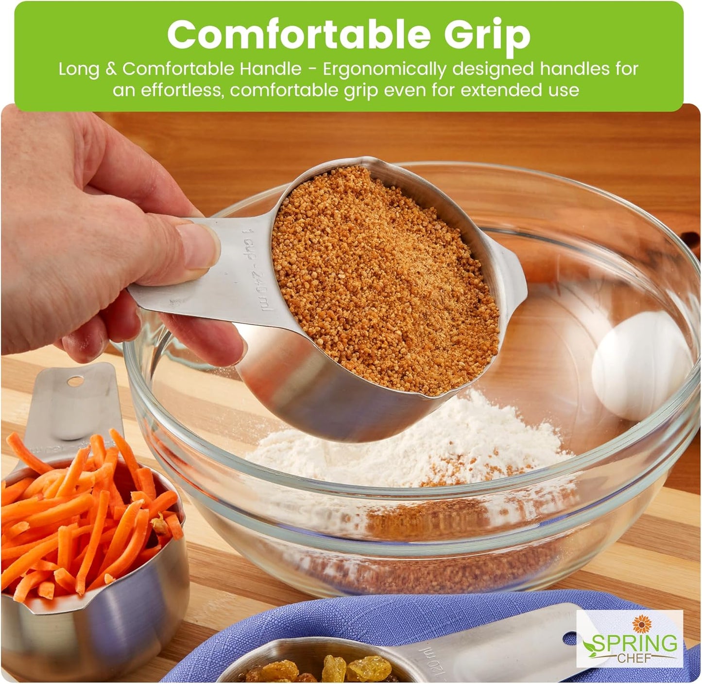 Spring Chef Stainless Steel Measuring Cups Set of 7 with Pour Spout - Nesting Kitchen Tools with