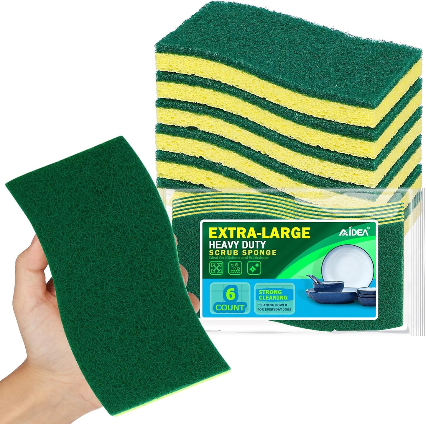 AIDEA XL Scrub Sponges 6Count, Heavy Duty Sponges for Dishes, Extra Large Sponge for Cleaning