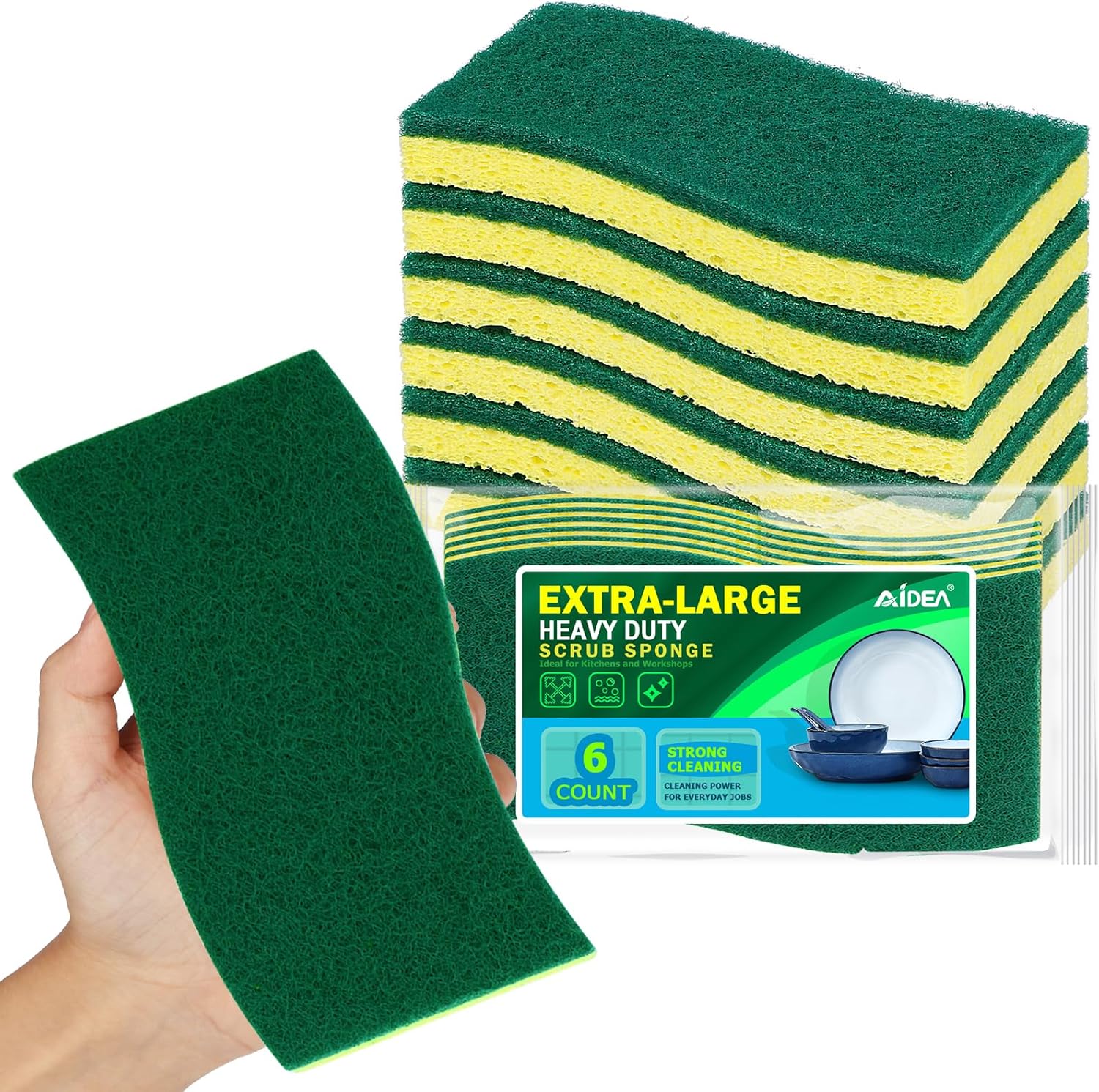 AIDEA XL Scrub Sponges 6Count, Heavy Duty Sponges for Dishes, Extra Large Sponge for Cleaning
