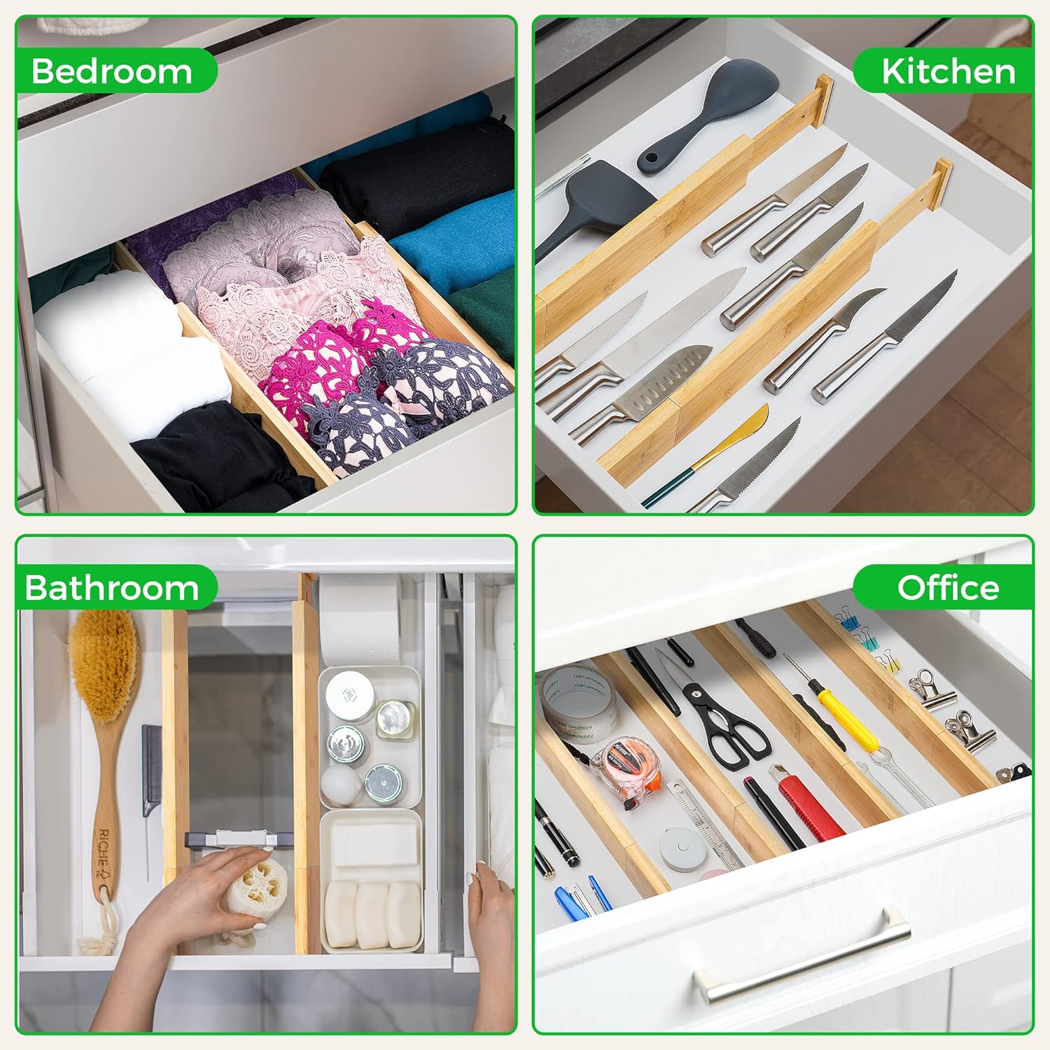 Bamboo Drawer Dividers Organizer with Inserts, Expandable from 12.5-21.7", Adjustable Drawer