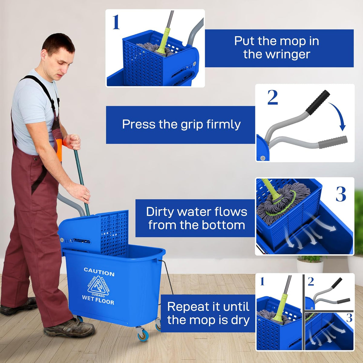 HOMCOM Compact Mop Bucket with Wringer on Wheels for Floor Cleaning, 21 Quart, Separate Dirty and