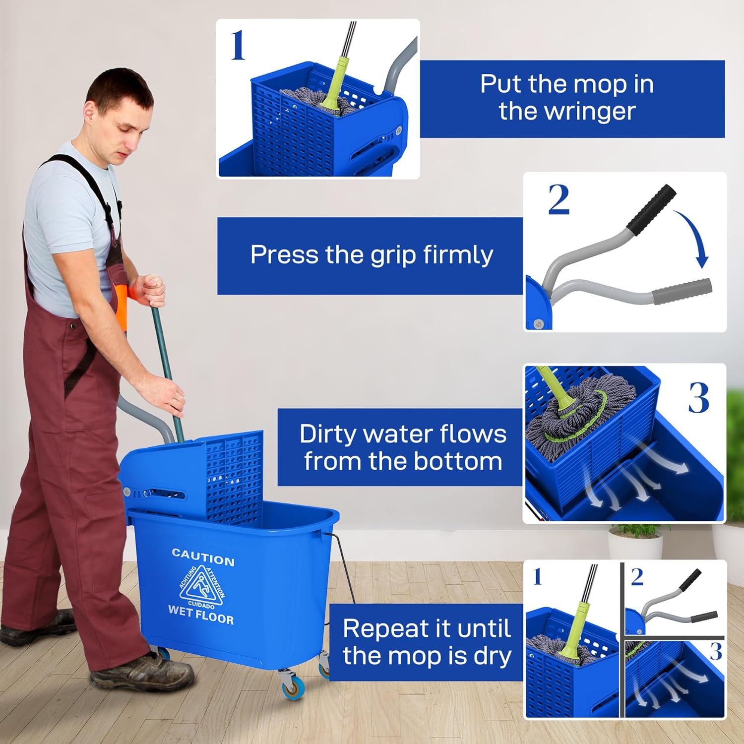 HOMCOM Compact Mop Bucket with Wringer on Wheels for Floor Cleaning, 21 Quart, Separate Dirty and