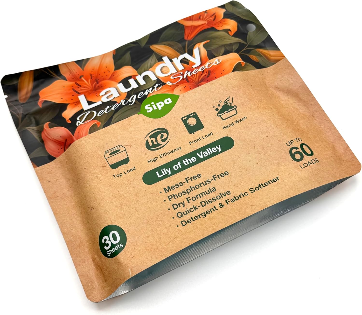 SIPA Laundry Detergent Sheets Bag - 30 Sheets, Up to 60 Loads, Lily of the Valley Scent
