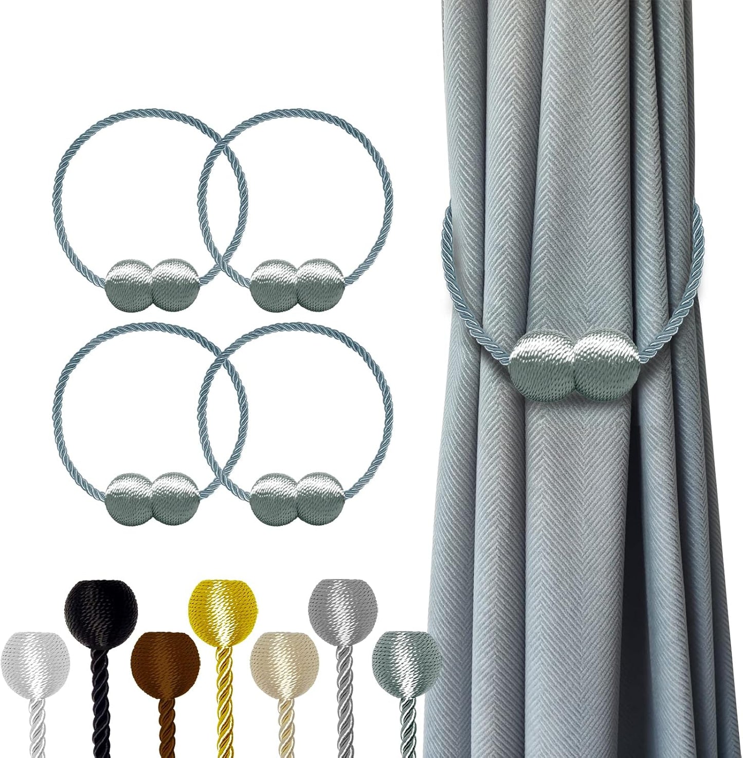 Hion Magnetic Curtain Tiebacks Gray Blue 4 Pack, Curtain Tiebacks Buckles Holdbacks Holders Hooks