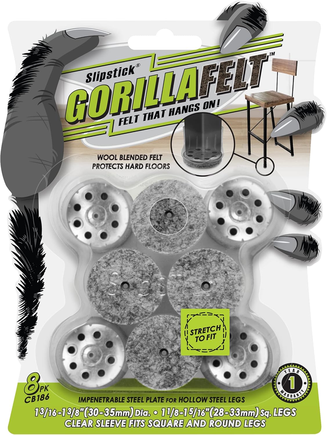 Slipstick GorillaFelt Chair Leg Floor Protectors for Hardwood Floors, Clear Sleeve Felt Pads for