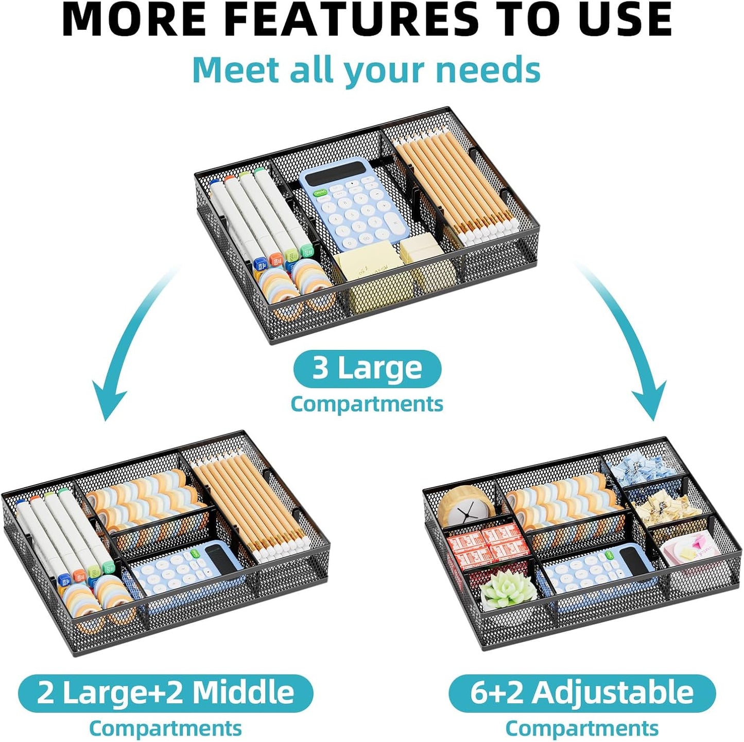 Marbrasse 2 Pack Desk Drawer Organizer, Mesh Drawer Organizer Tray with 8 Adjustable Compartments