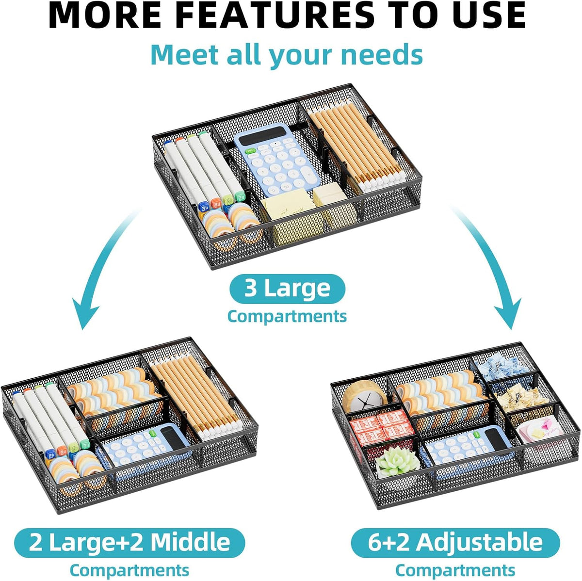 Marbrasse 2 Pack Desk Drawer Organizer, Mesh Drawer Organizer Tray with 8 Adjustable Compartments
