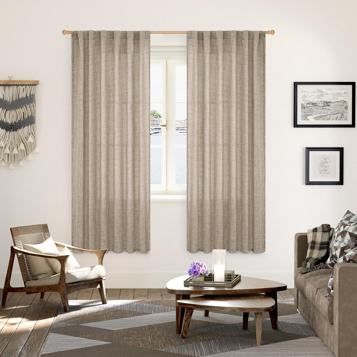 YoungsTex Dark Oatmeal Linen Semi Sheer Curtains 2 Panels for Living Room - Tan Window Drapes Light