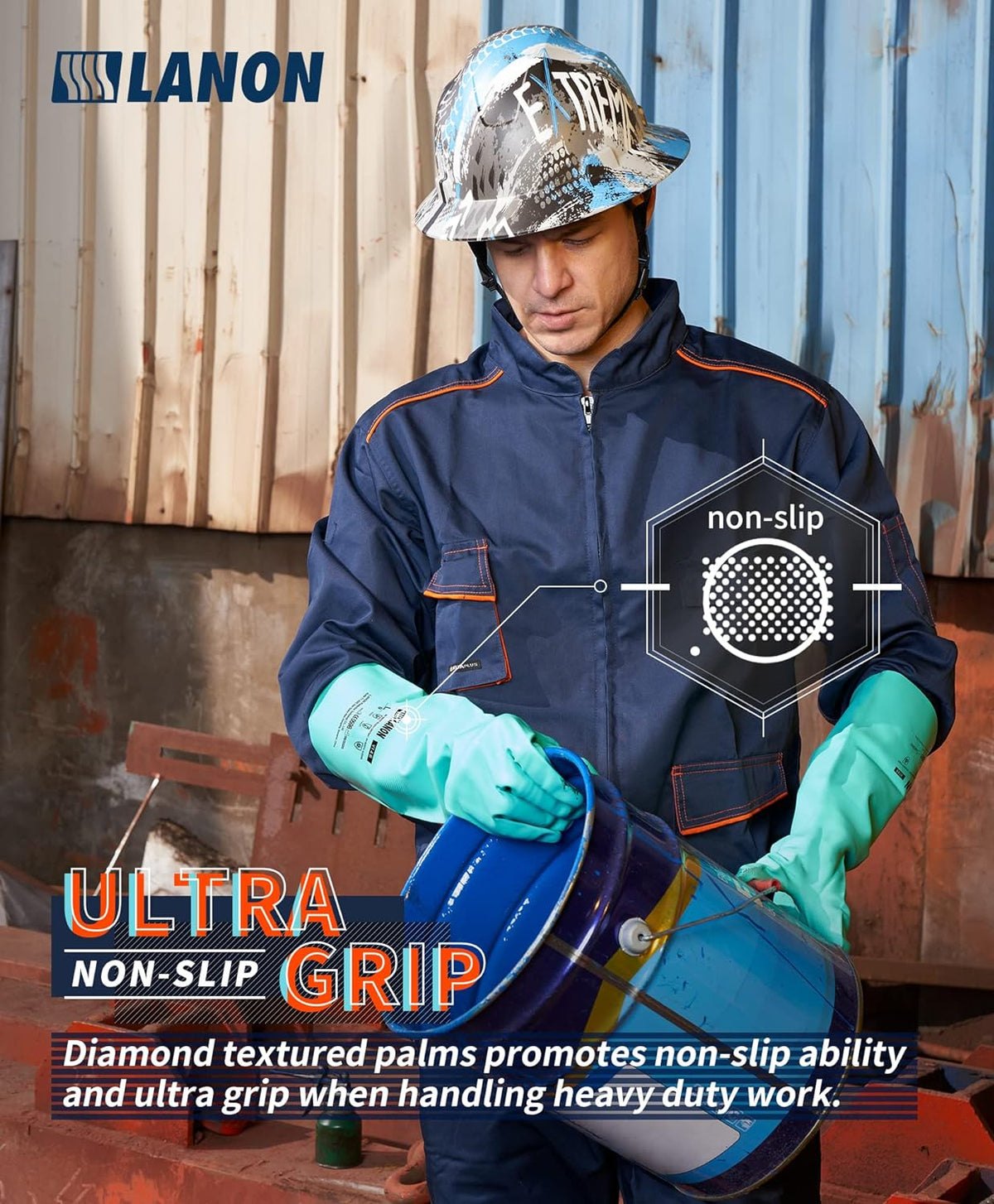 LANON Nitrile Chemical Resistant Gloves, Reusable Heavy Duty Safety Work Gloves, Acid, Alkali and
