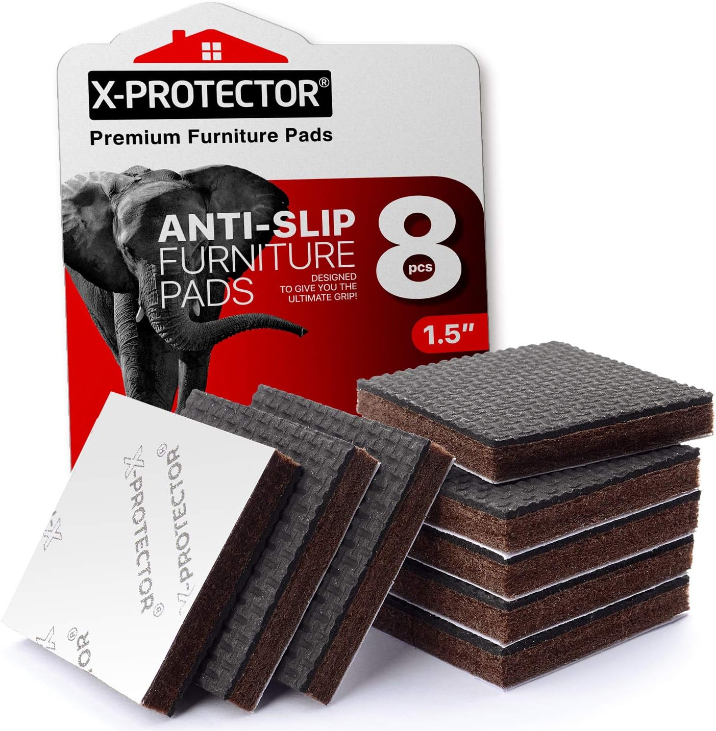 Non Slip Furniture Pads 8 pcs 1 1/2" X-Protector - Premium Furniture Grippers! Self-Adhesive Rubber