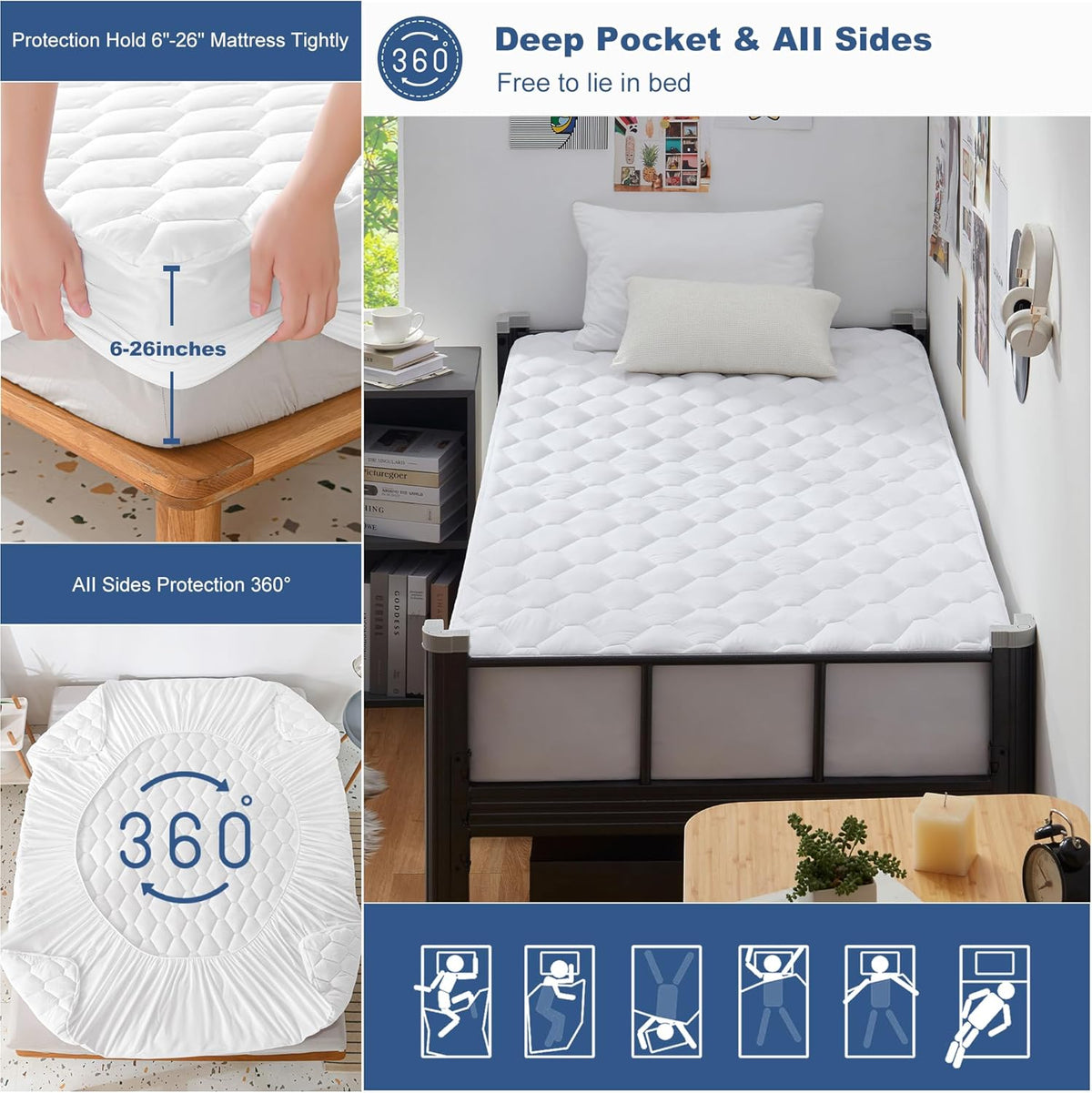GRT Twin XL Mattress Protector Waterproof, 100% Waterproof Quilted Fitted Mattress Pad, Noiseless