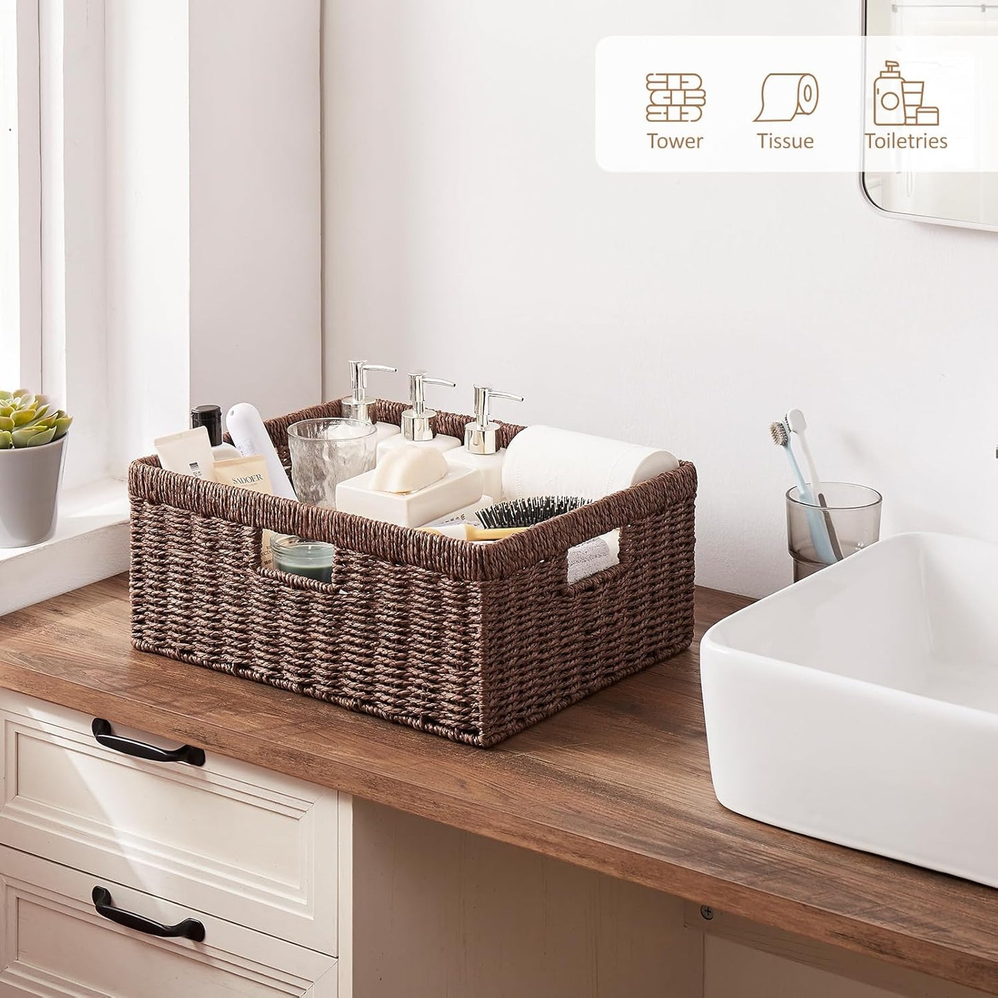 OIAHOMY Wicker Basket, Paper Shelf Basket with Built-in Handles, Rectangular Wicker Storage Bin for