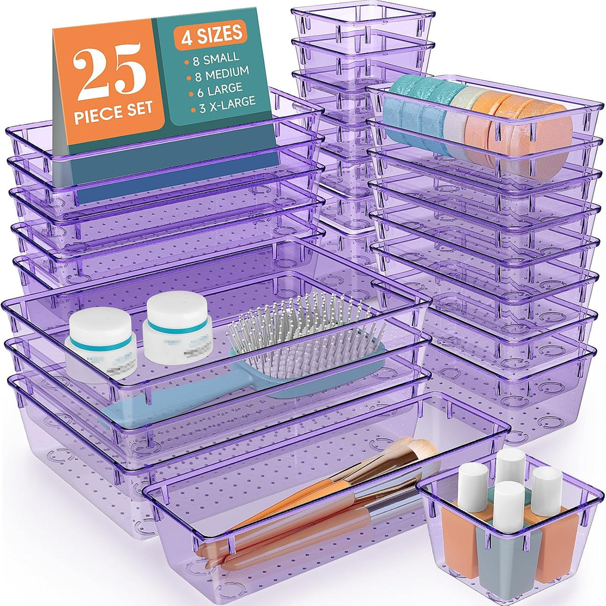 WOWBOX 25 PCS Plastic Drawer Organizer Set, Desk Drawer Divider Organizers and Storage Bins for