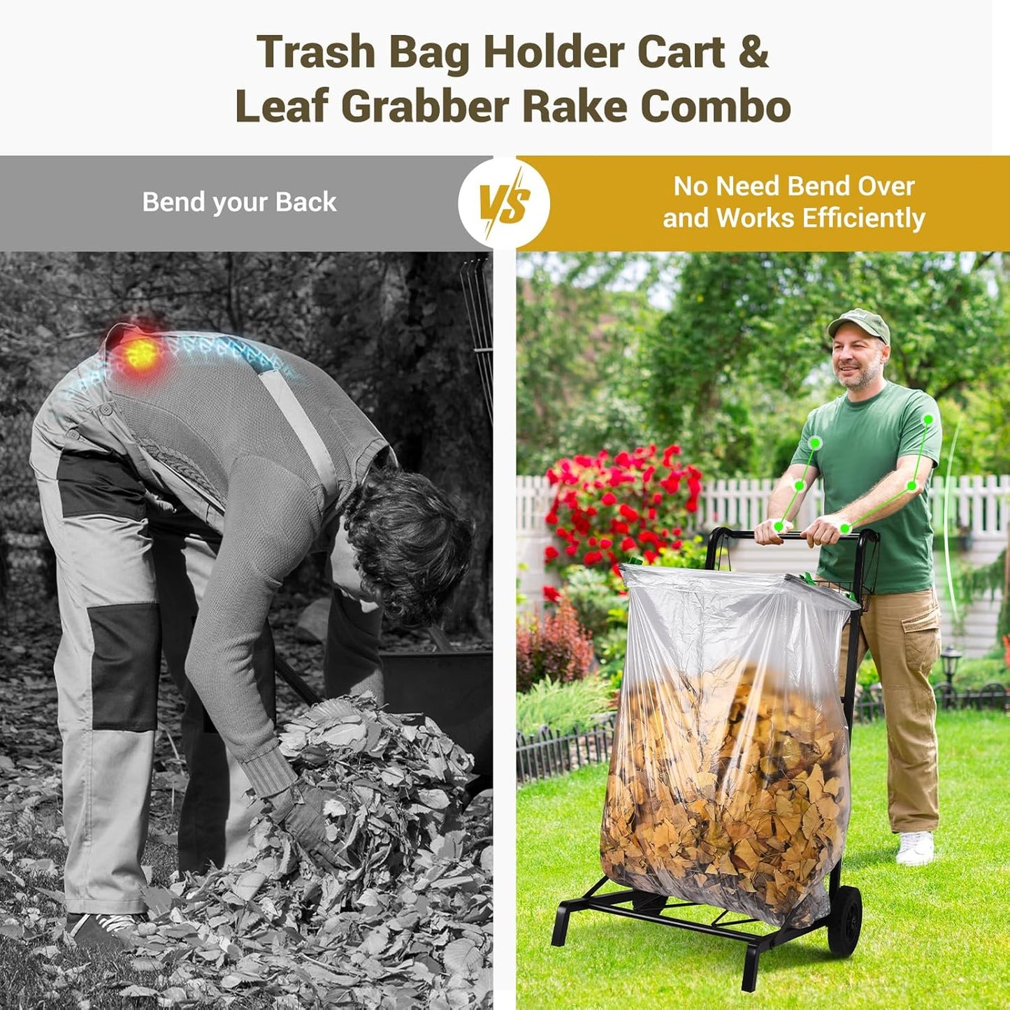 CAROD Mobile Trash Bag Holder with Storage Basket and Ergonomic Handle, Convenient Leaf Bag Cart