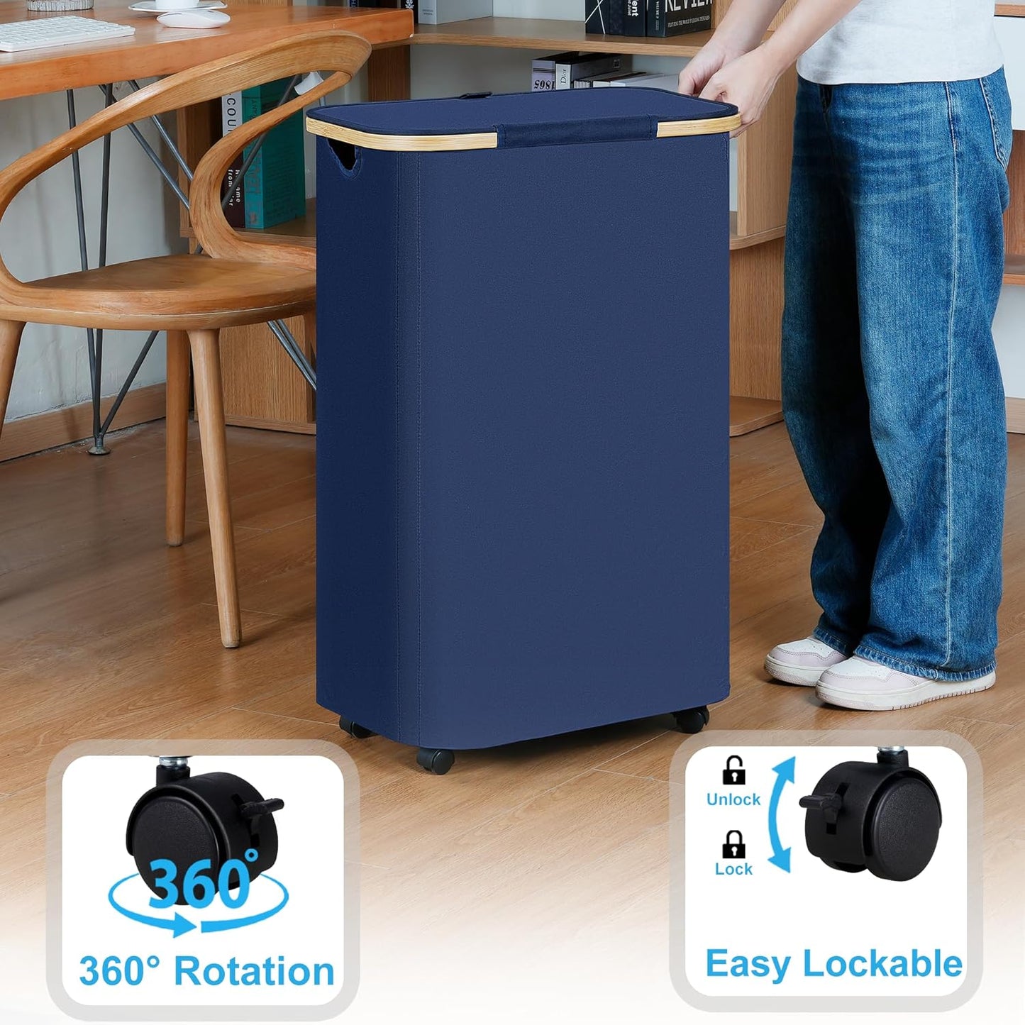 efluky Laundry Basket with Wheels, Tall Rolling Laundry Hamper with Lid and Removable Bag
