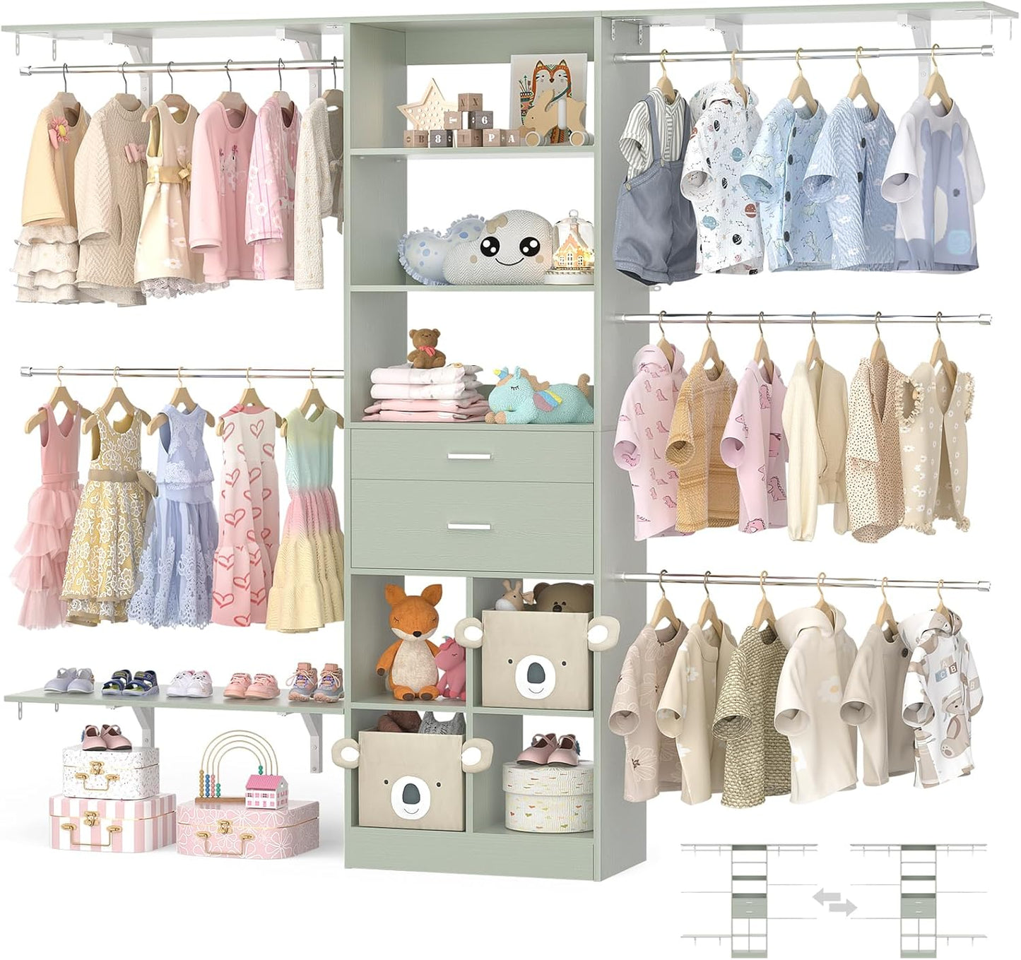 Closet System - 4.75-8FT Closet Organizer System with Wooden Drawers & Cube Storage Organizer, Up