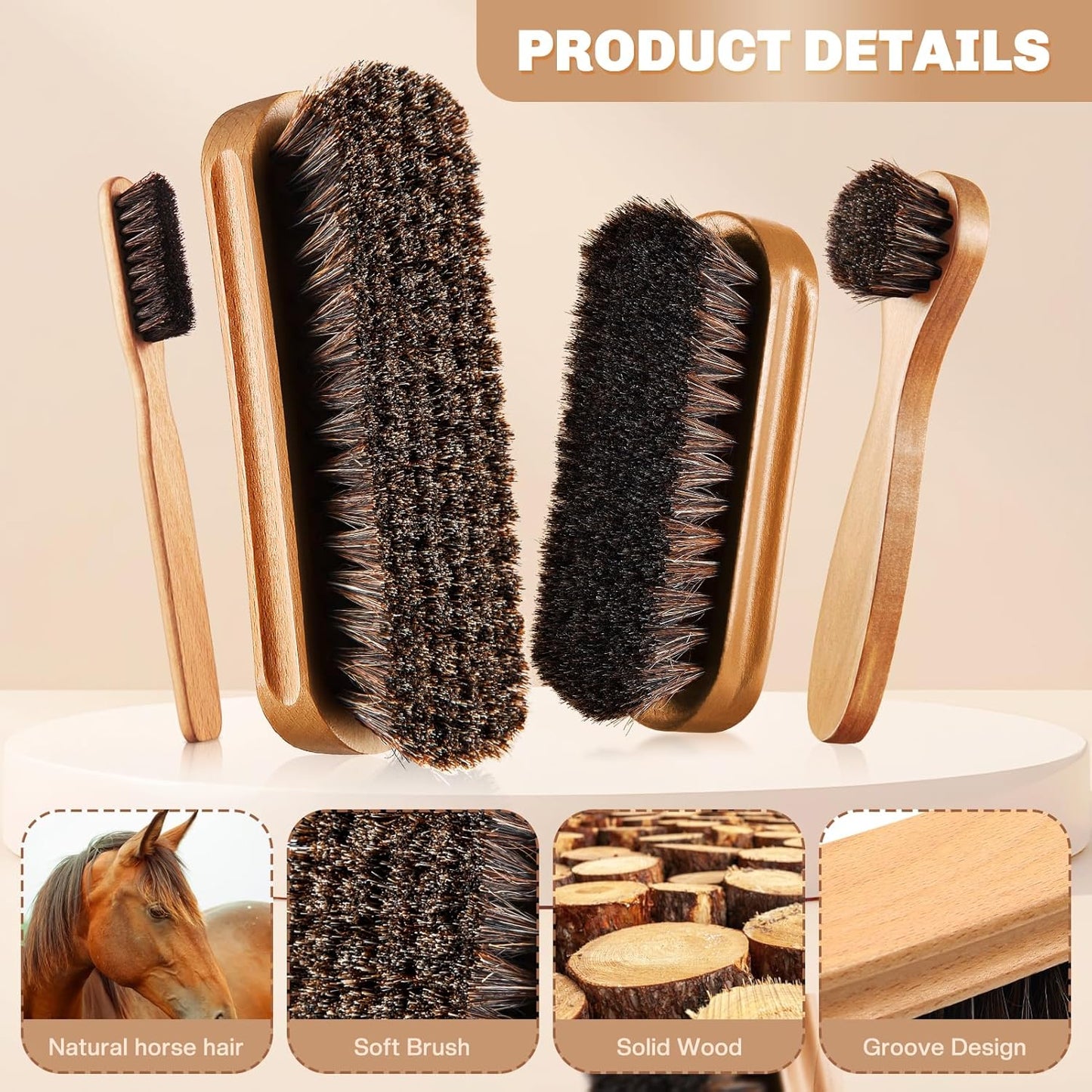 4 Pcs Horsehair Shine Shoes Brush Kit Polish Dauber Applicators Cleaning Leather Shoes Boots Care