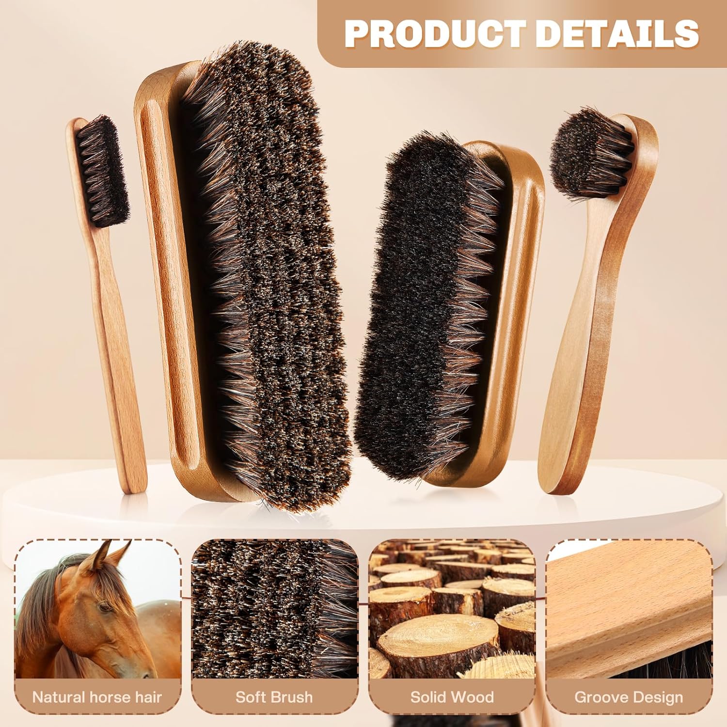 4 Pcs Horsehair Shine Shoes Brush Kit Polish Dauber Applicators Cleaning Leather Shoes Boots Care