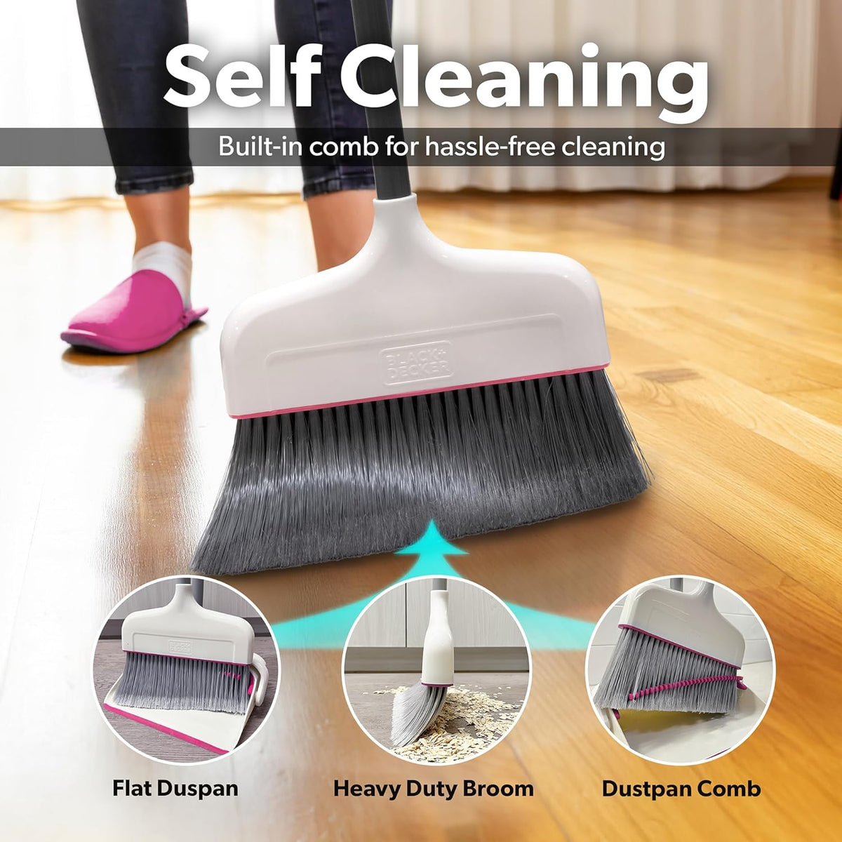 BLACK+DECKER Butler Broom & Dustpan Set - Stand-Up Design - Lightweight, Space-Saving Combo for