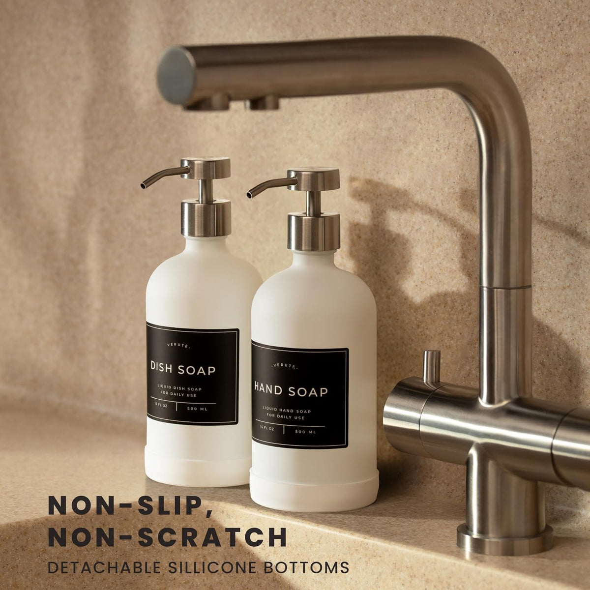 16oz Glass Soap Dispenser with Stainless Steel Pump, 21 Waterproof Labels, Non-Slip Protective