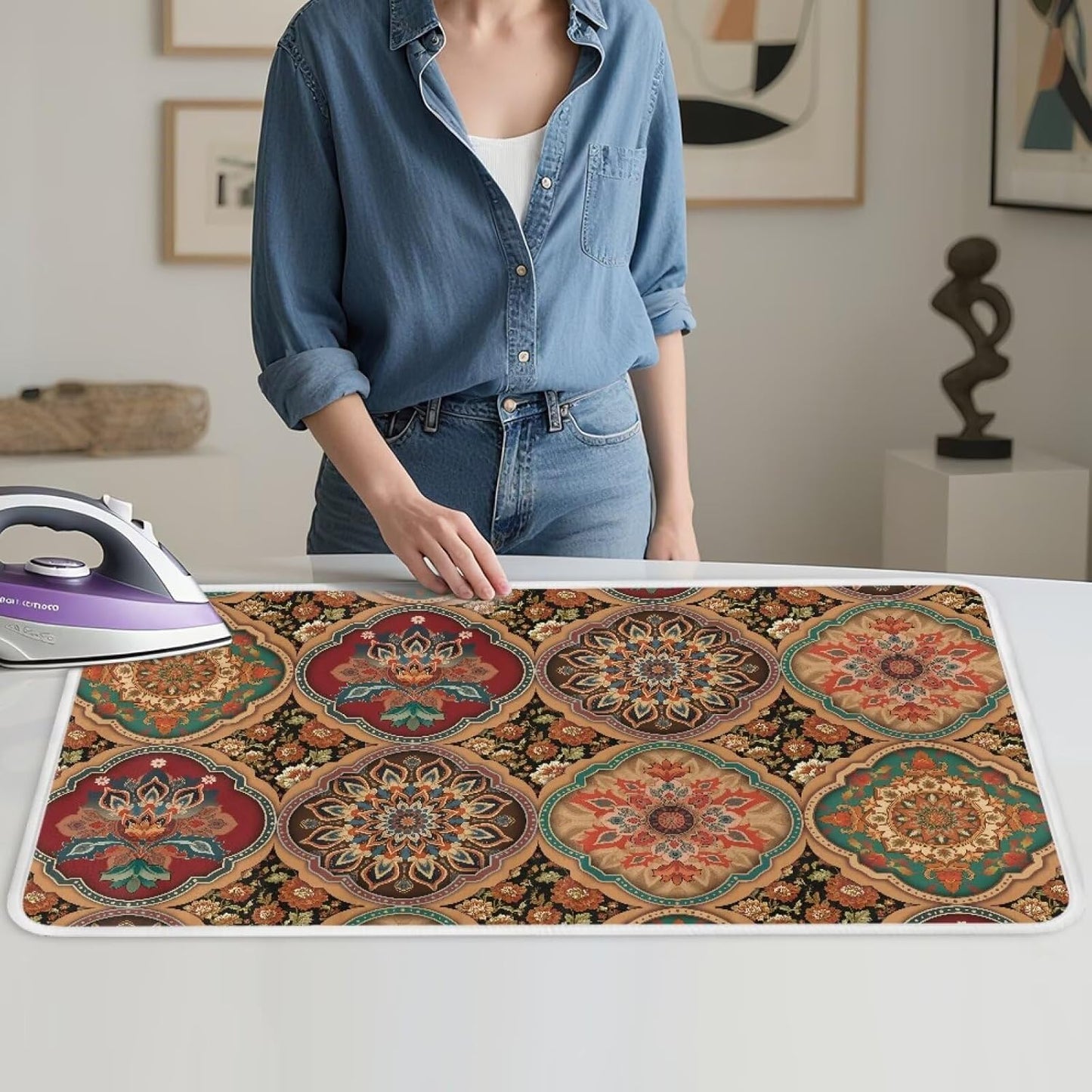 Folding Ironing Mat Heat and Steam Resistant Mandala Ironing Pad 32 x 16 Inch Foldable Iron Mat for