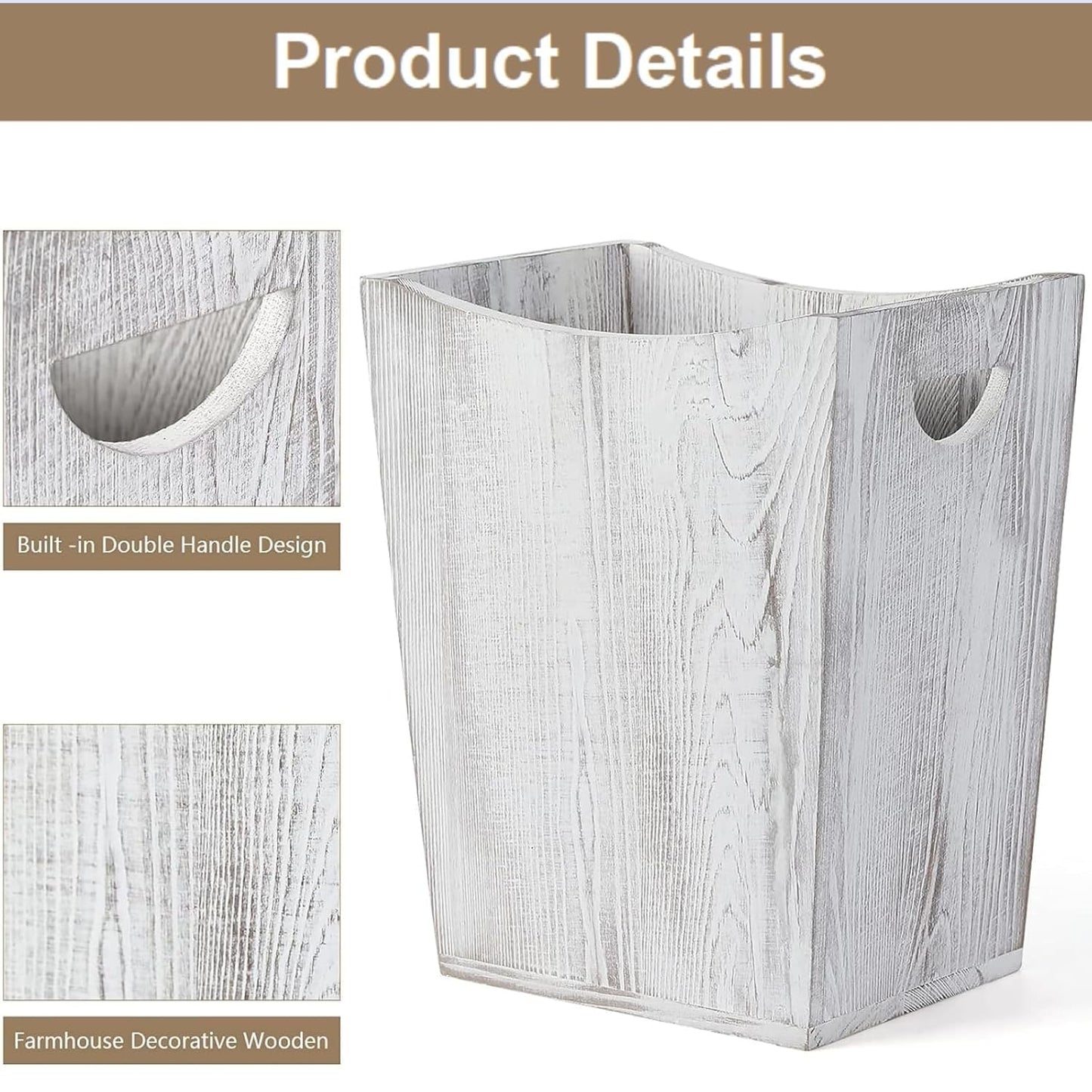SEHERTIWY Wood Trash Can, Farmhouse Wastebasket Bin for Bathroom, Office, Bedroom, Living Room