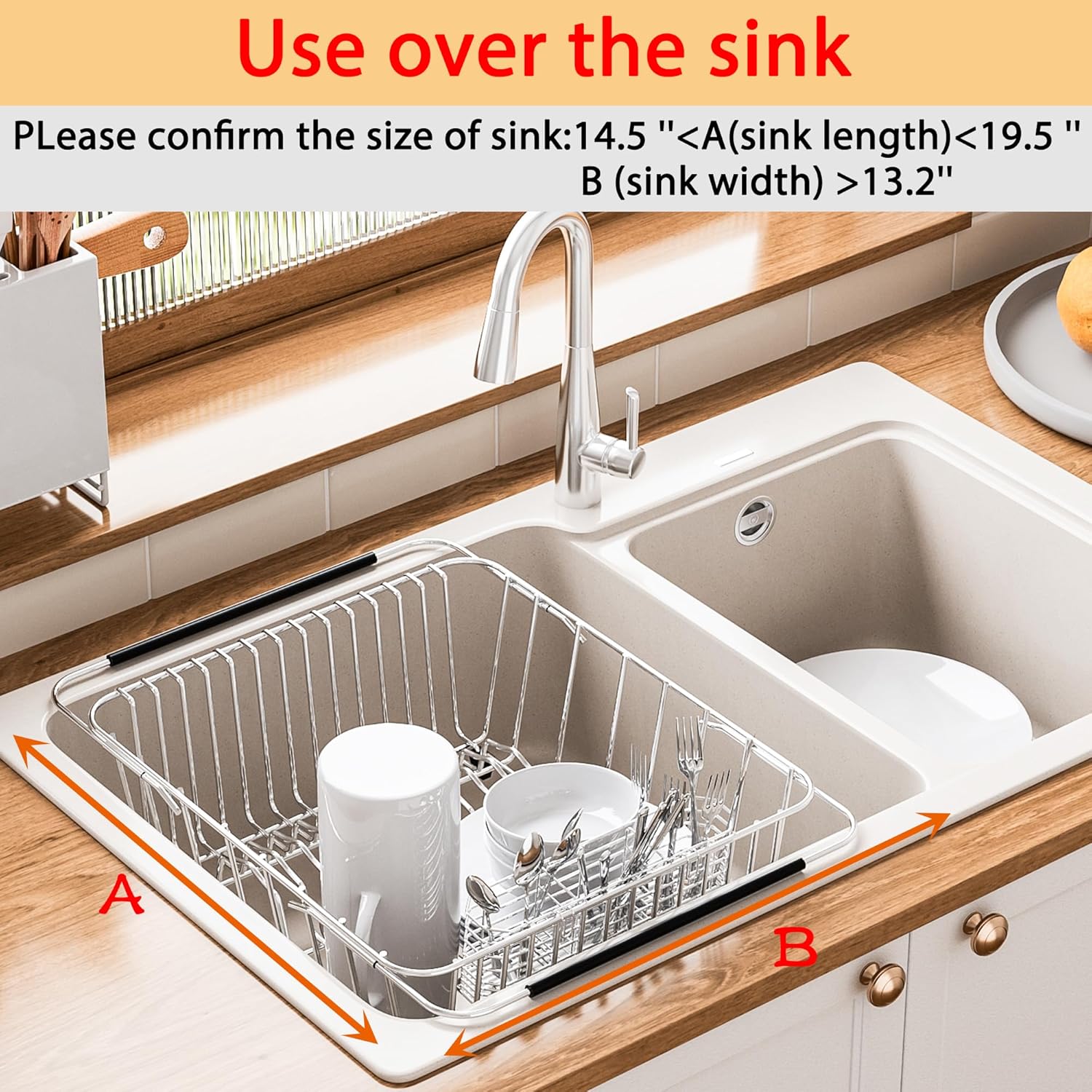 Stainless Steel Dish Drying Rack(15.2"L X 13"W X 5.8"H), Expandable Fruit & Vegetable Drain Rack