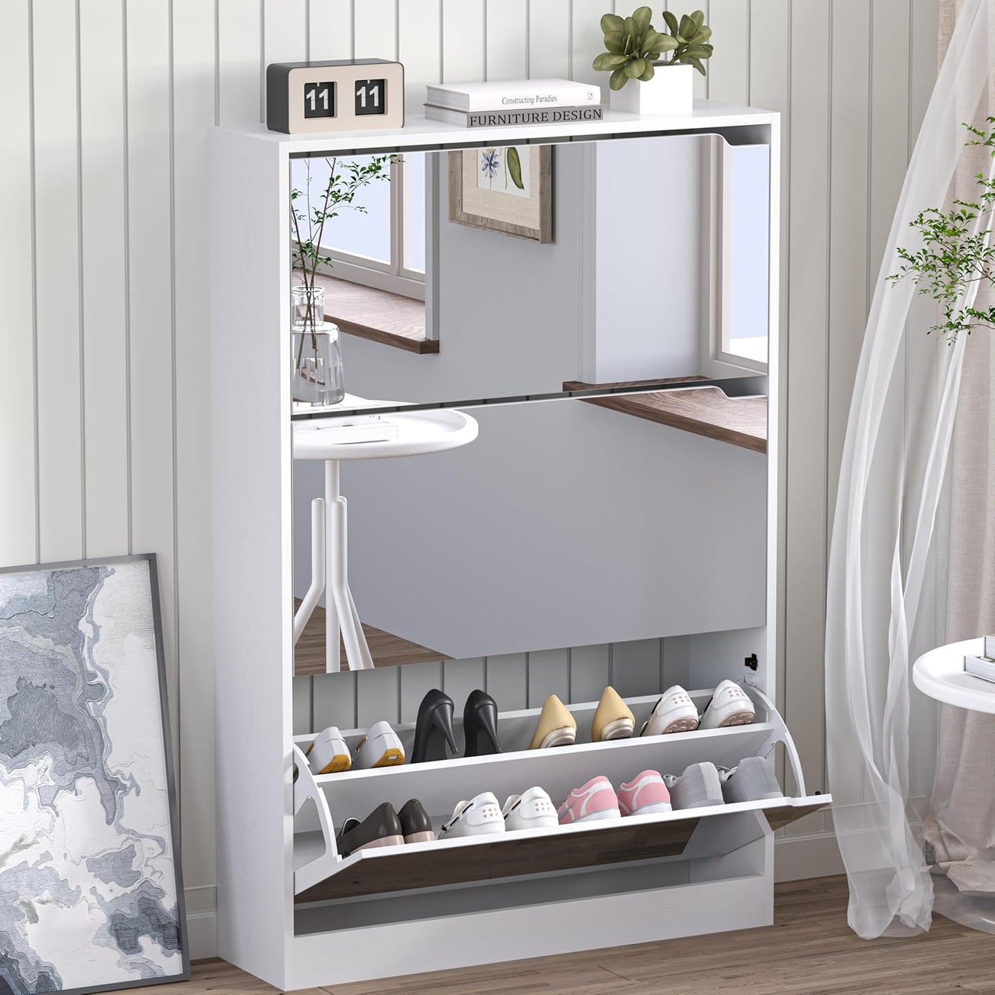 Shoe Cabinet with 3-Flip Mirror Drawers, Freestanding Shoe Rack Organizer with Hidden Handle, Slim