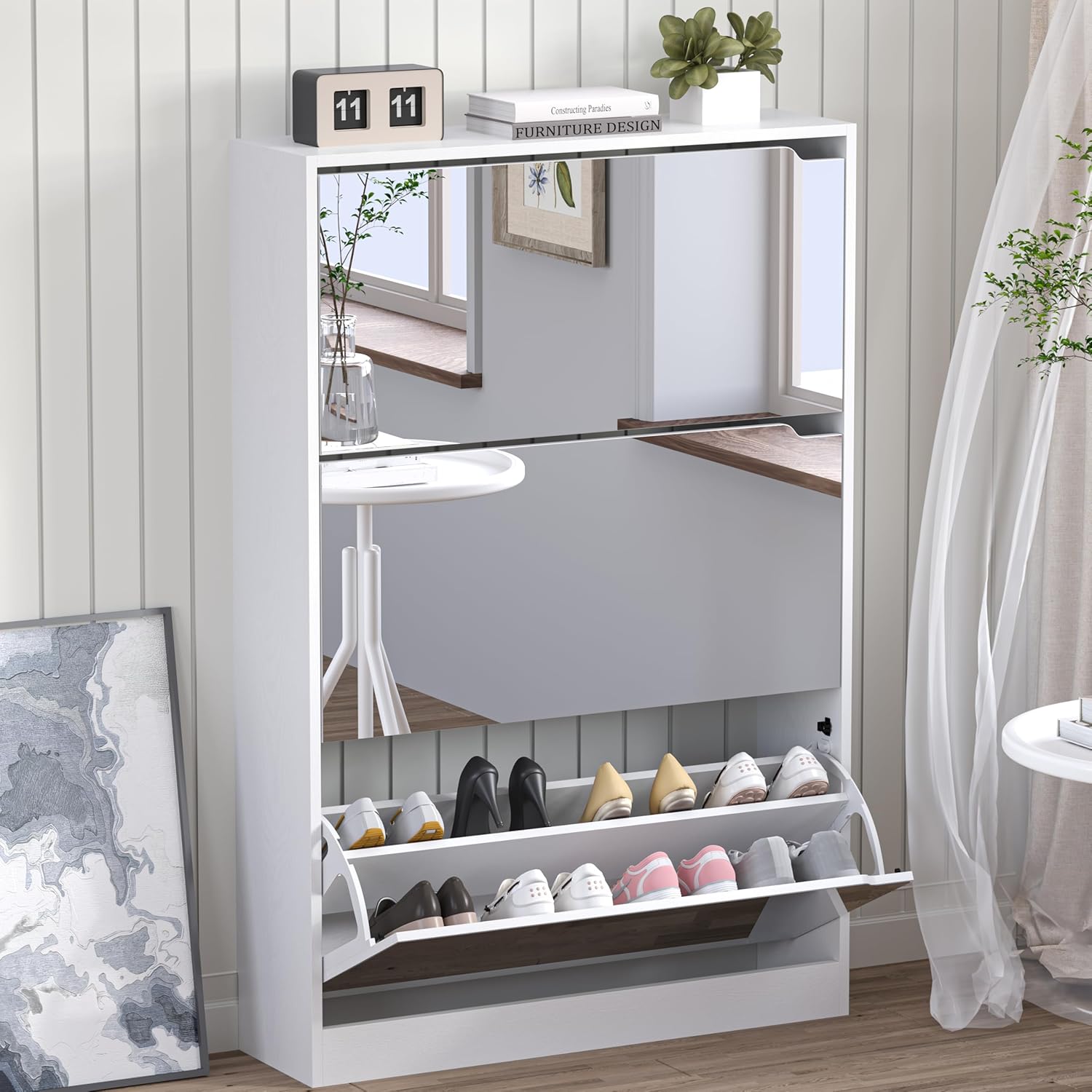 Shoe Cabinet with 3-Flip Mirror Drawers, Freestanding Shoe Rack Organizer with Hidden Handle, Slim