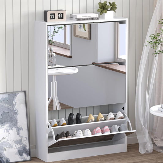 Shoe Cabinet with 3-Flip Mirror Drawers, Freestanding Shoe Rack Organizer with Hidden Handle, Slim