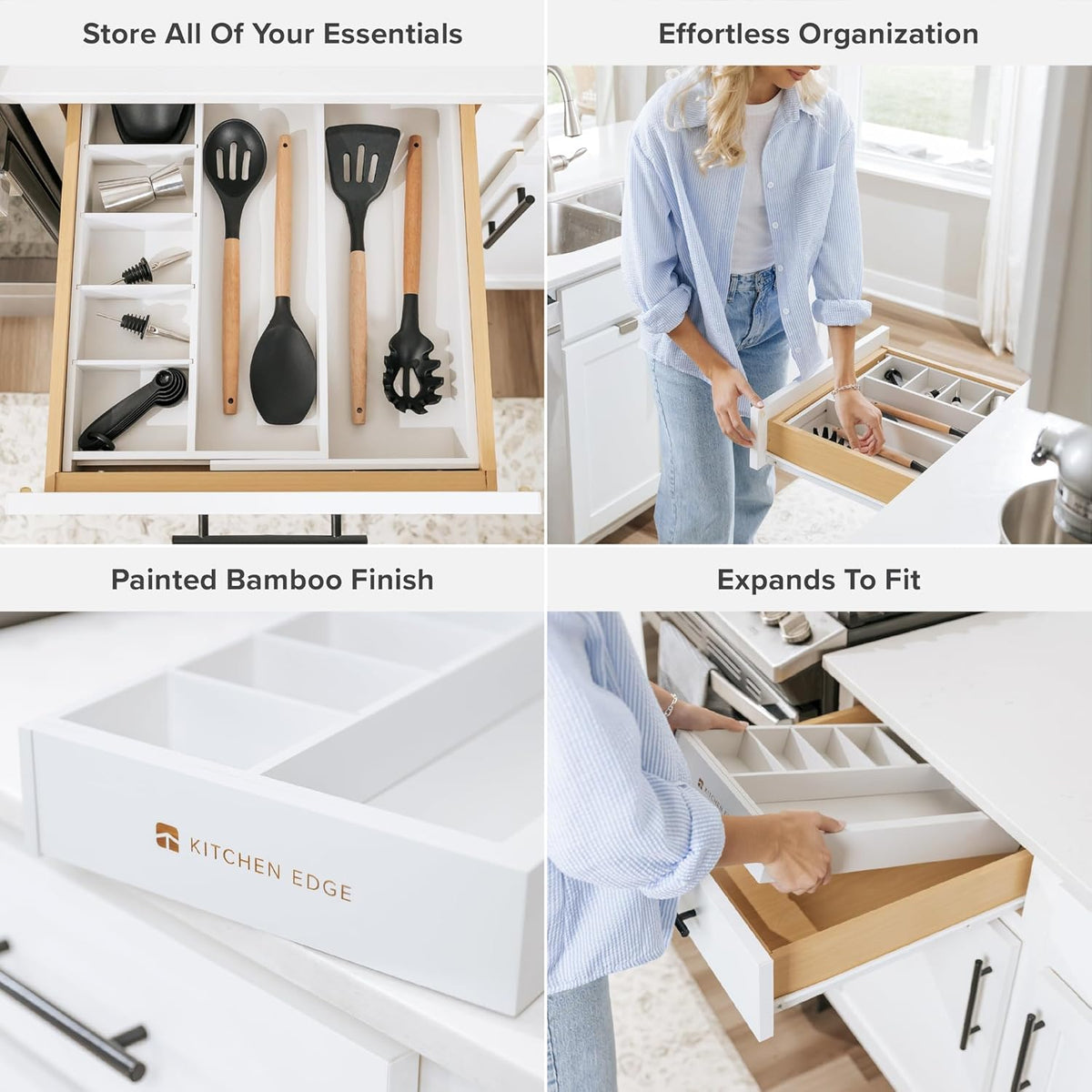 KitchenEdge Adjustable Kitchen Drawer Organizer for Utensils and Junk, Food-Safe Contract Grade