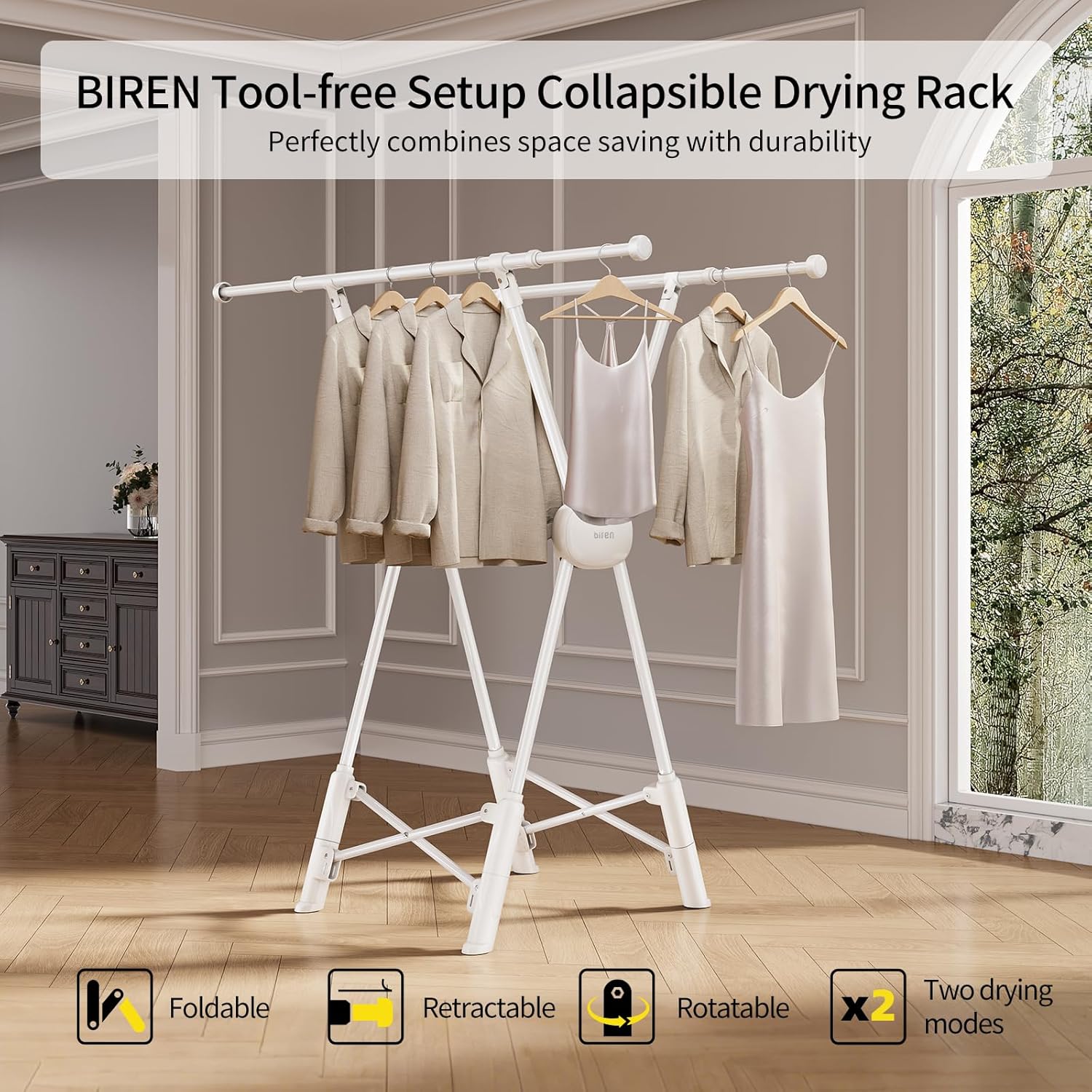 BIREN Clothes Drying Rack Heavy Duty Clothing Racks Extending Laundry Rack Two Drying Modes Garment