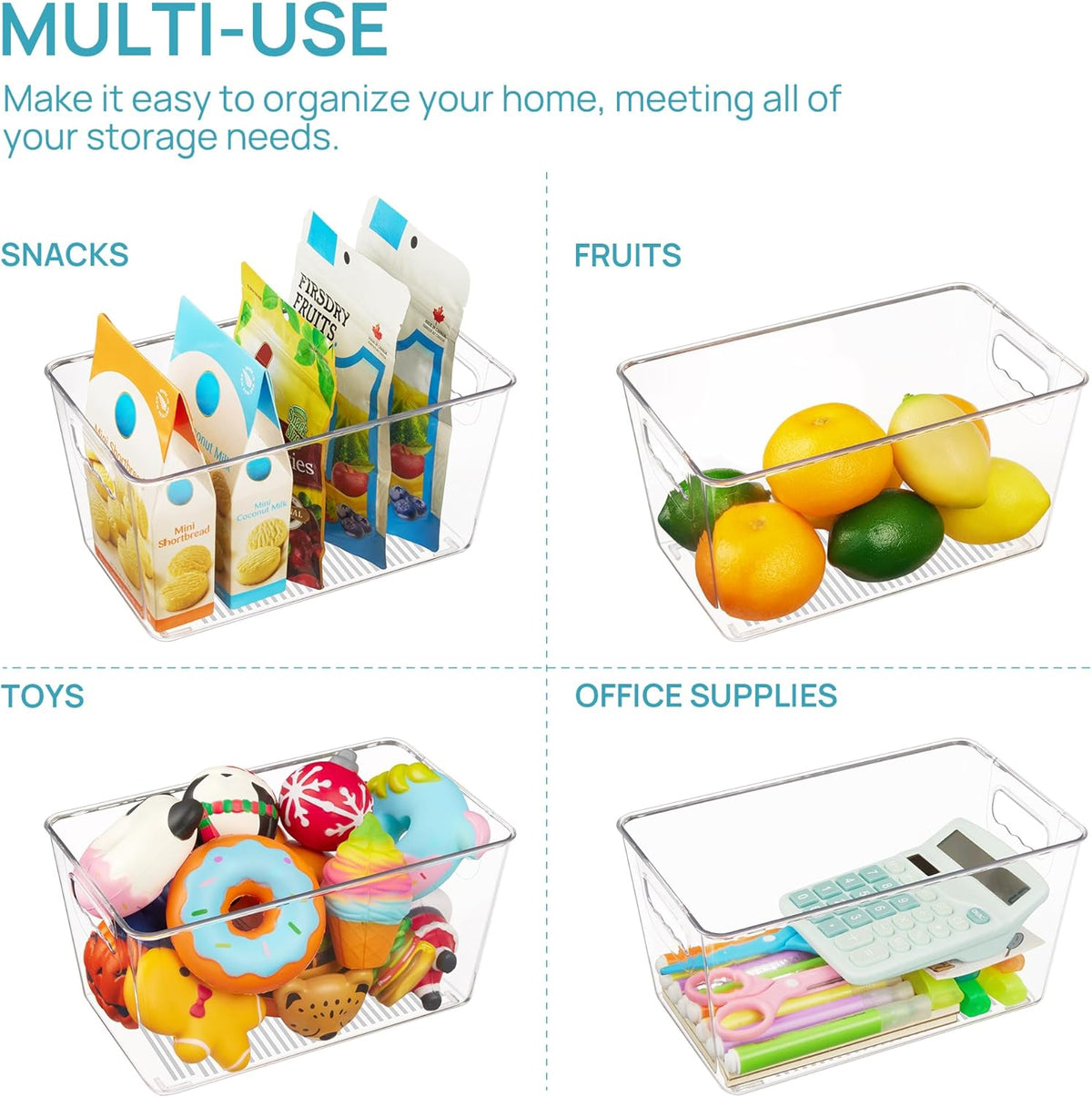 Vtopmart Clear Plastic Storage Bins, 6 PCS Pantry Organizer Bins with Handle for Refrigerator