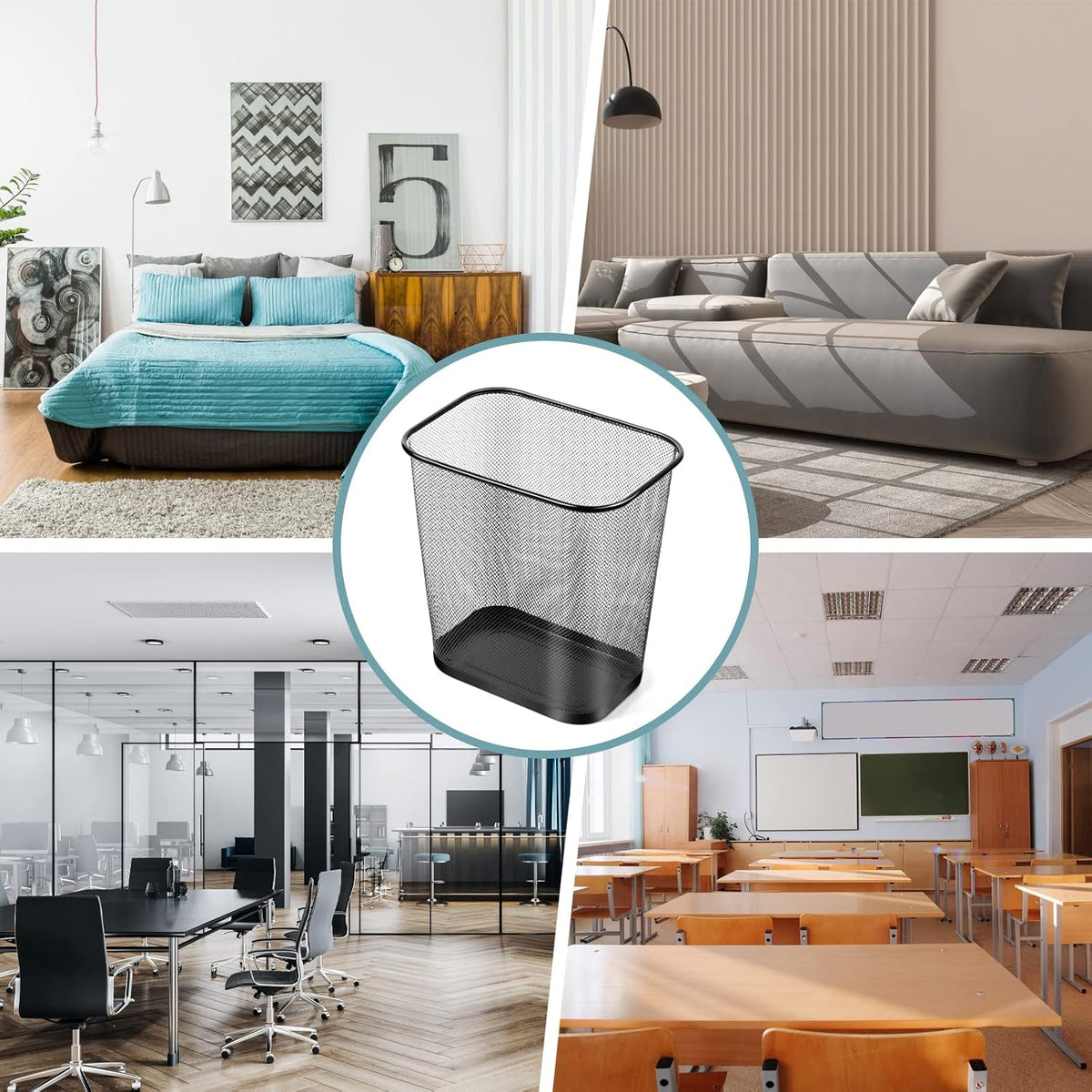 Nuanchu 6 Pcs Mesh Square Trash Cans 4 Gallons Wire Wastebasket for Home Black Metal Office Garbage