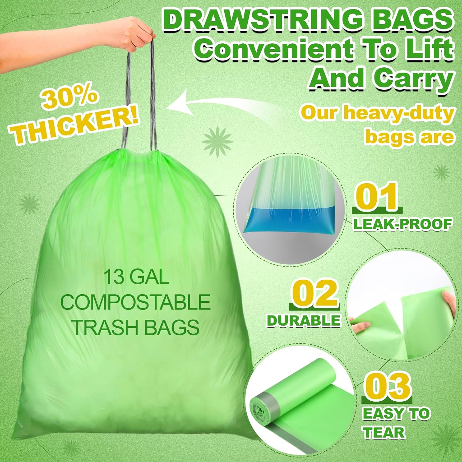 200 Count 13 Gallon Compostable Trash Bags with Drawstring Heavy Duty Extra Thick 1 Mil Kitchen