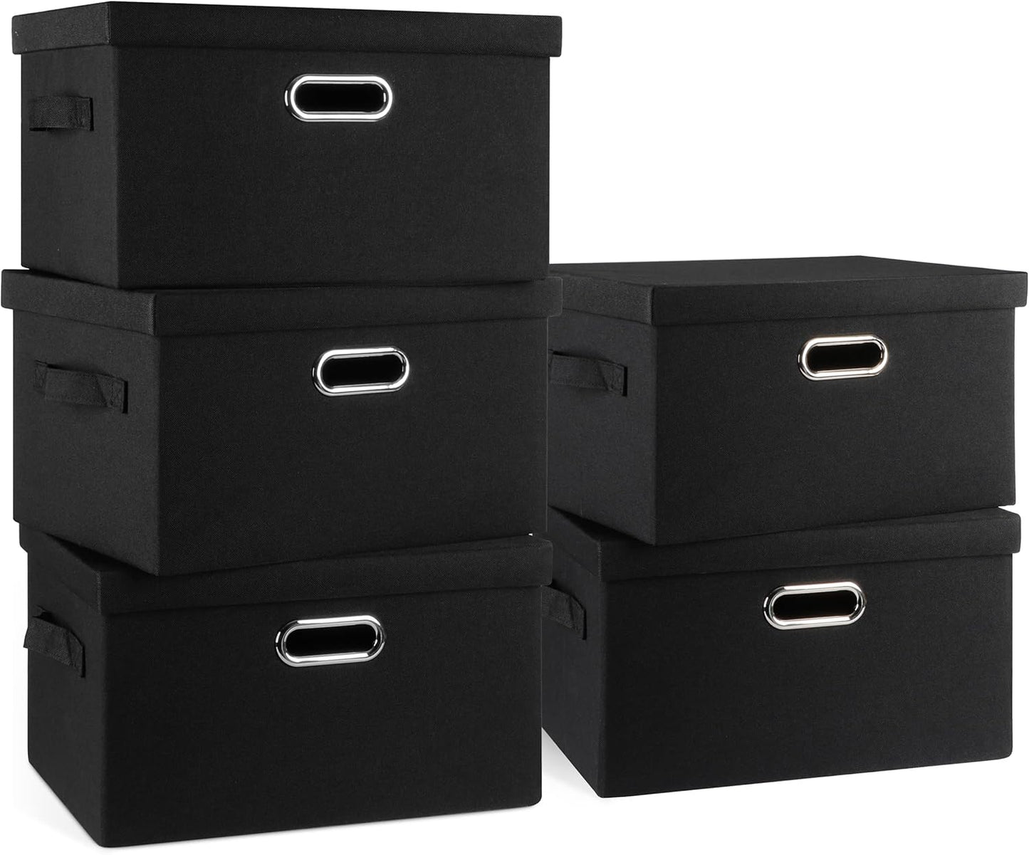 Medium 15" 21 Quart Collapsible Stackable Storage Bins with Lids, 5 Packs Black Foldable Fabric