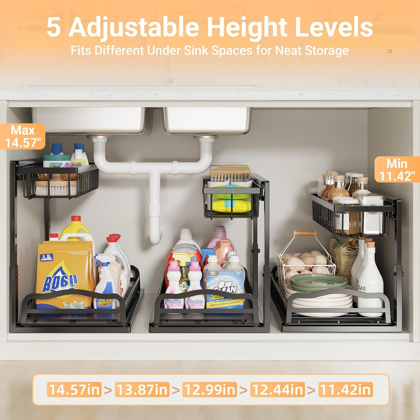 AceMining Under Sink Organizer, 2 Pack Pull-Out Under Cabinet Organizer, 2 Tier Under Sink Storage