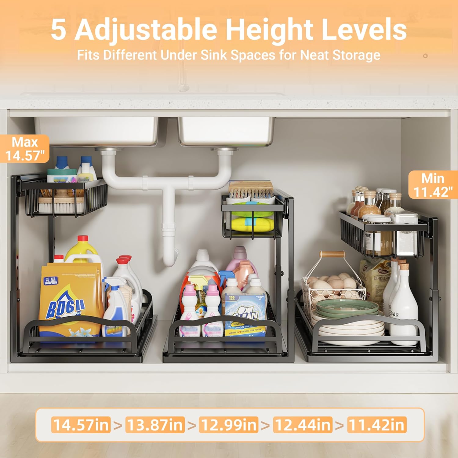 AceMining Under Sink Organizer, 2 Pack Pull-Out Under Cabinet Organizer, 2 Tier Under Sink Storage