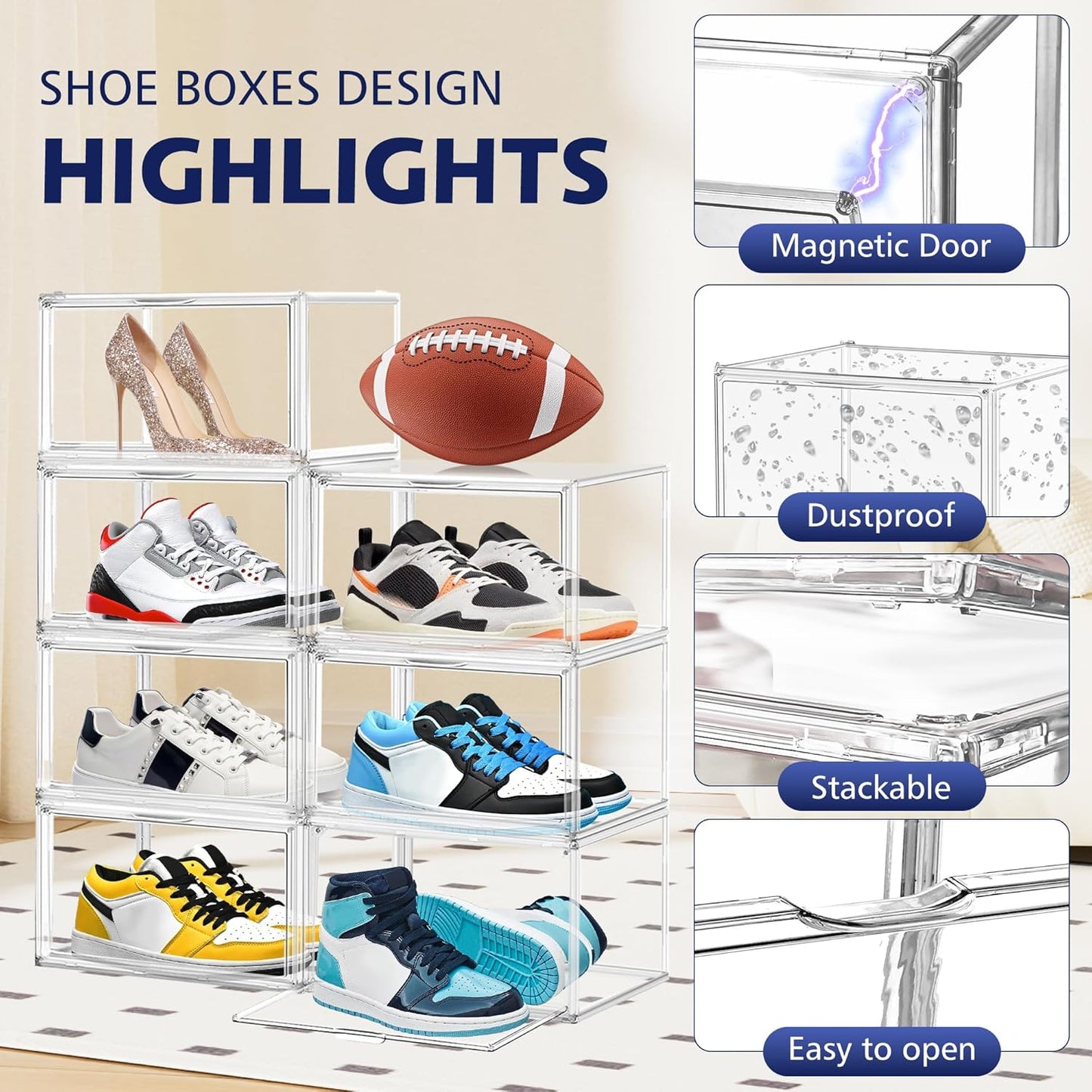 12 Pack Shoe Organizer Clear Plastic Stackable Shoe Storage Boxes with Magnetic Lid Acrylic Display