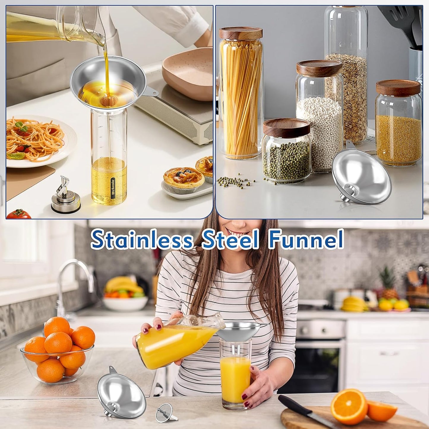 Stainless Steel Funnel with 30 Mesh Filter Food Grade Metal Funnel for Kitchen, Liquids, Oil