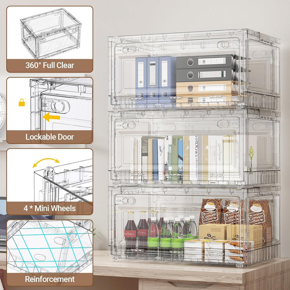 BROVIEW Clear Stackable Storage Bins Drawers, Open Front Large Plastic Storage Bins with Lids