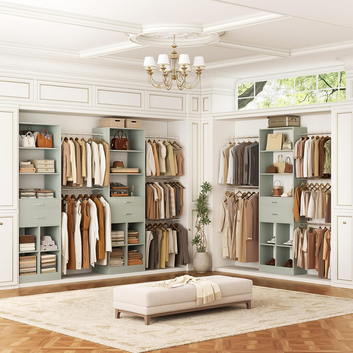 Closet System, 4-8 FT Closet Organizer Tower with 2 Wooden Drawers and Shelves, Can Fit 60 to 96