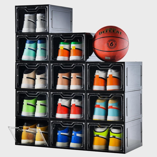 12 Pack Shoe Boxes Organizer, Magnetic Door Shoe Storage Boxes, Clear Sneaker Storage Box for
