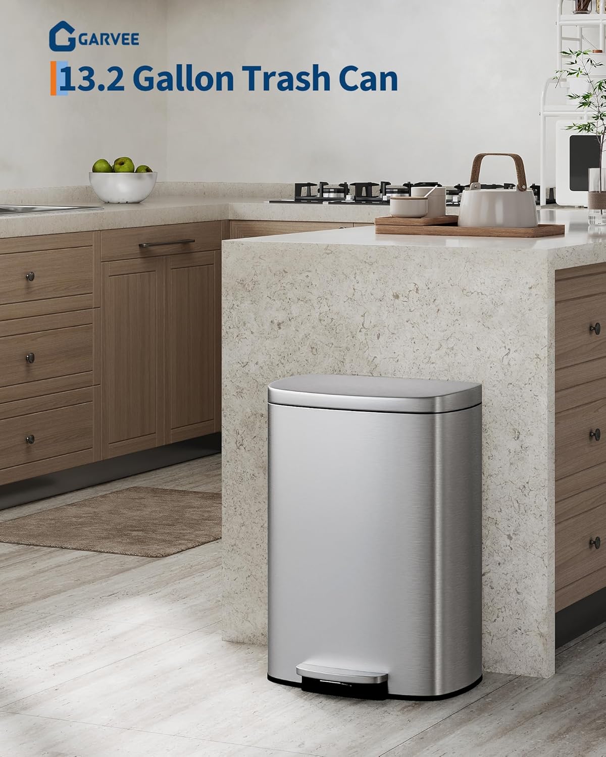 Garvee 13 Gallon / 50 Liter Stainless Steel Kitchen Trash Can with Lid, Large Rustproof Garbage Can