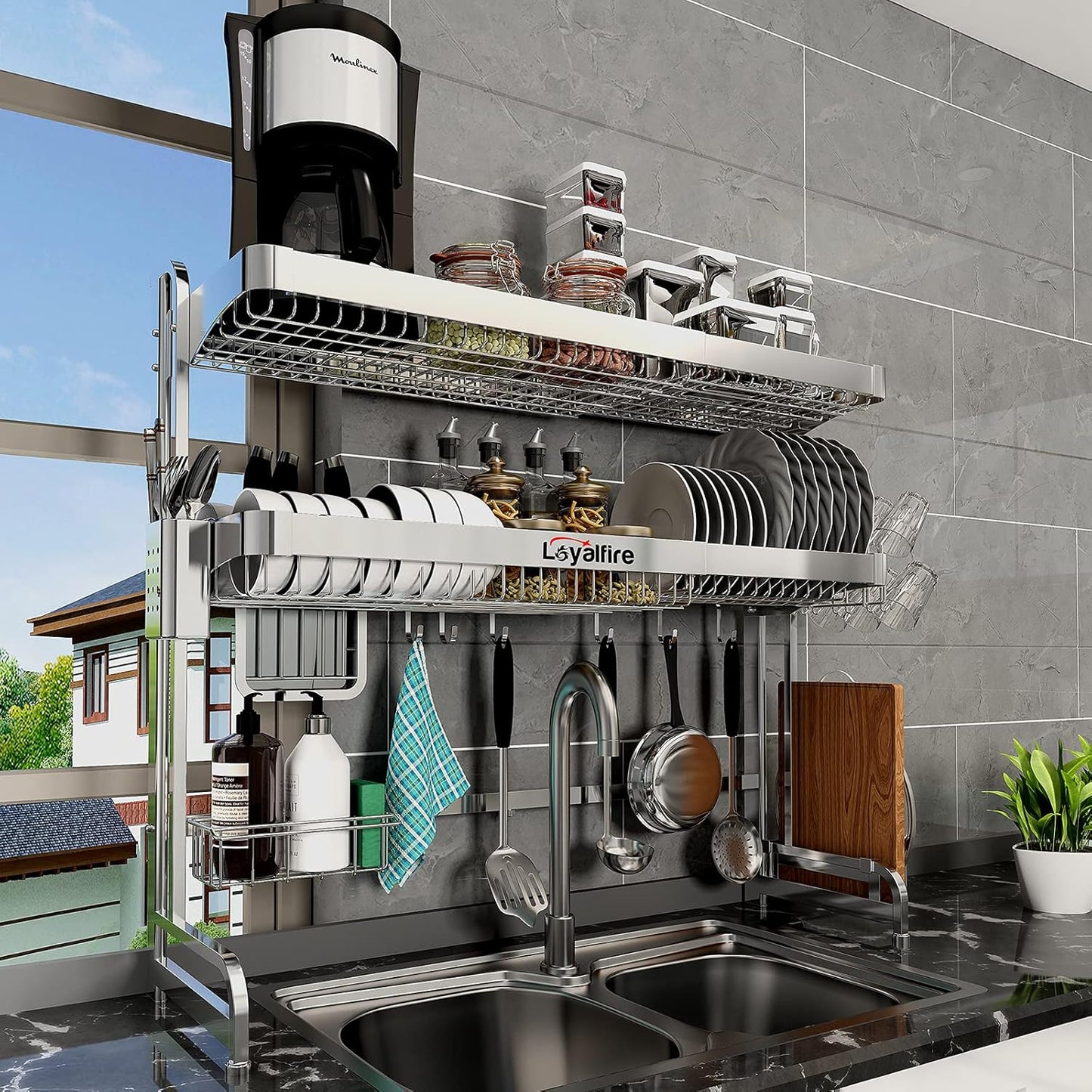 Over Sink Dish Drying Rack, 3 Tier Adjustable Length (20.87'' to 37.6'') Full Stainless Steel Large