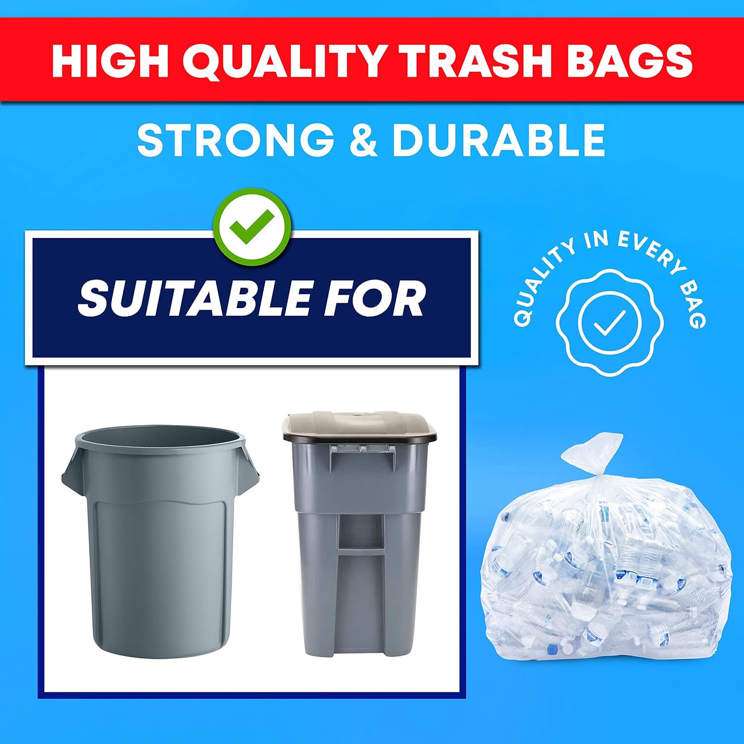 Tasker 30-33 Gallon Clear Trash Bags Heavy Duty (Mega ValuePack 250 Bags) Large Plastic Bags, Great