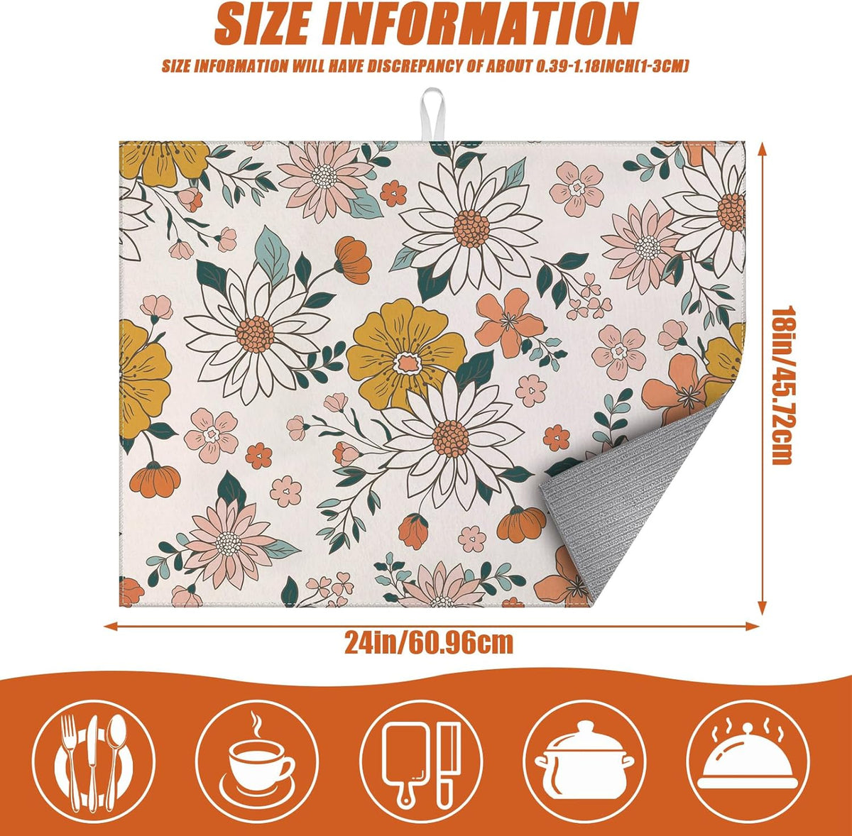 Boho Flower Dish Drying Mat for Kitchen Counter Microfiber Absorbent Dish Kitchen Drying Mat